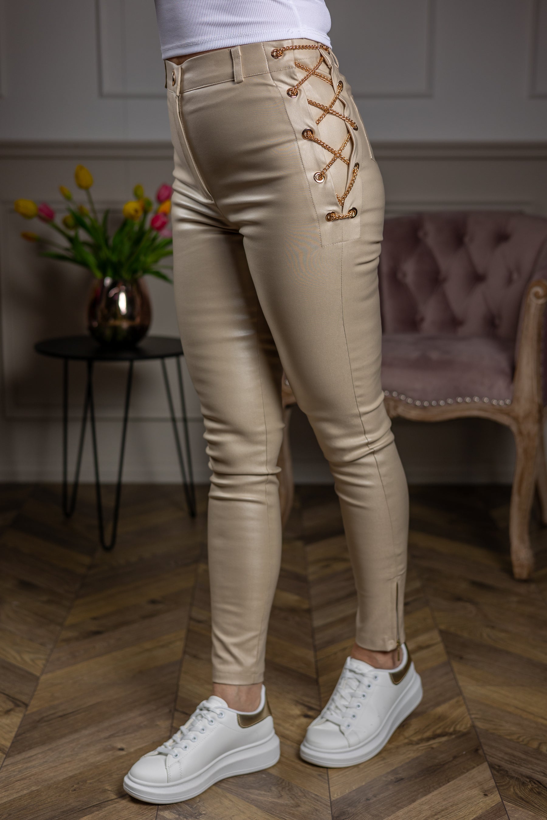 Faux Leather Side-Tie Chain Trousers Rosé Beige
