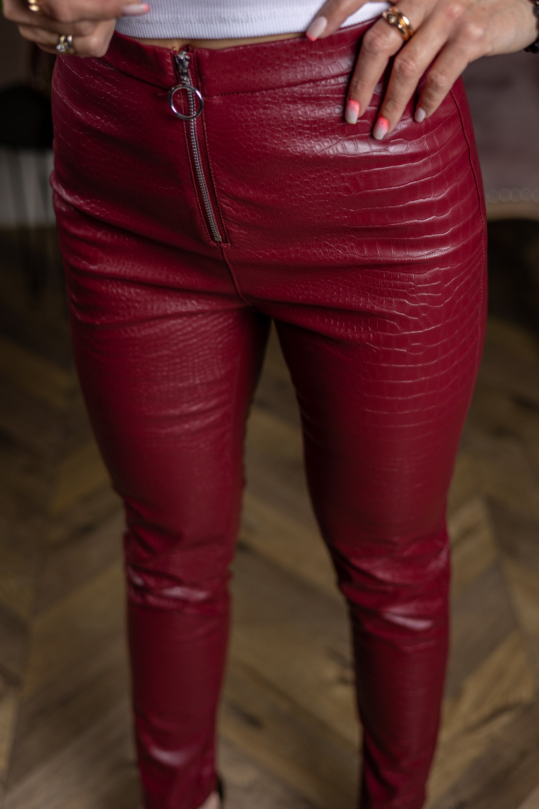 Croc Faux Leather Trousers Snake Burgundy