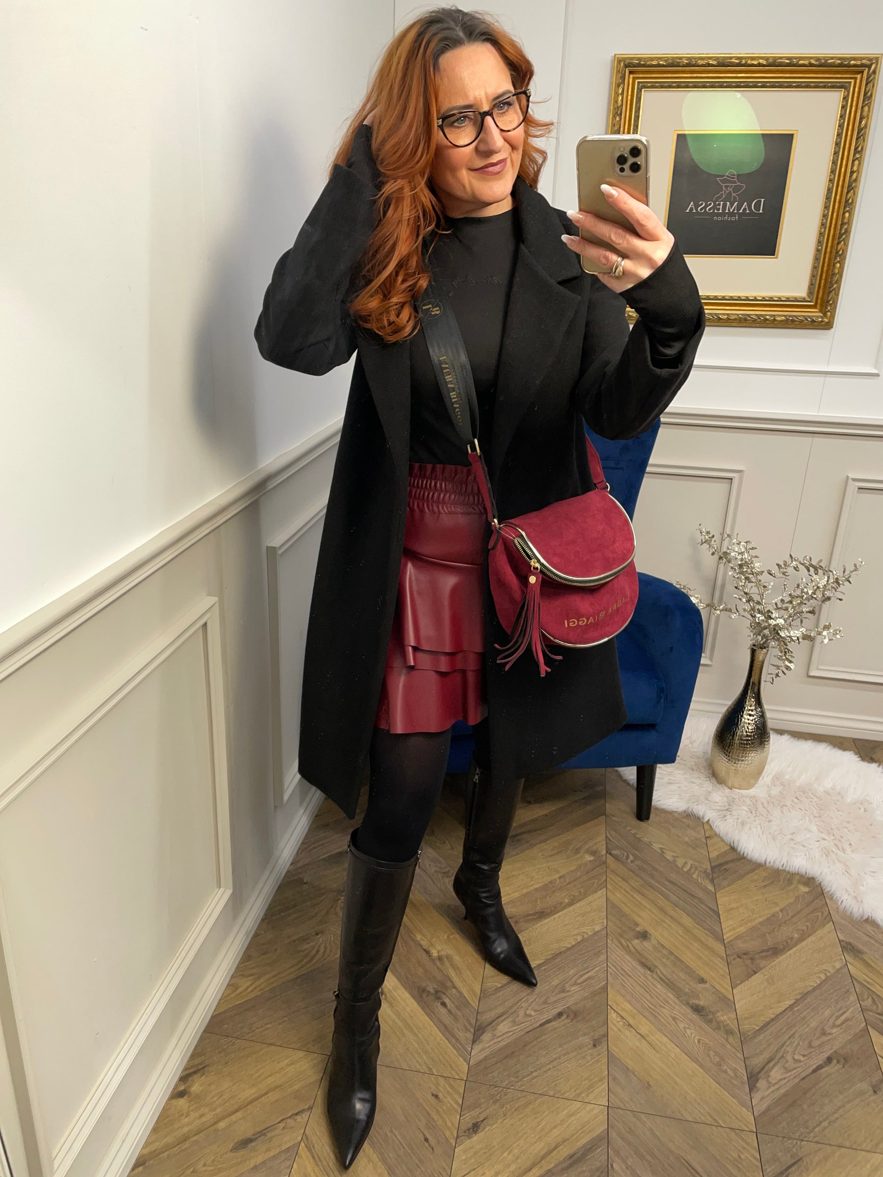 Faux Suede Handbag Barrel Burgundy