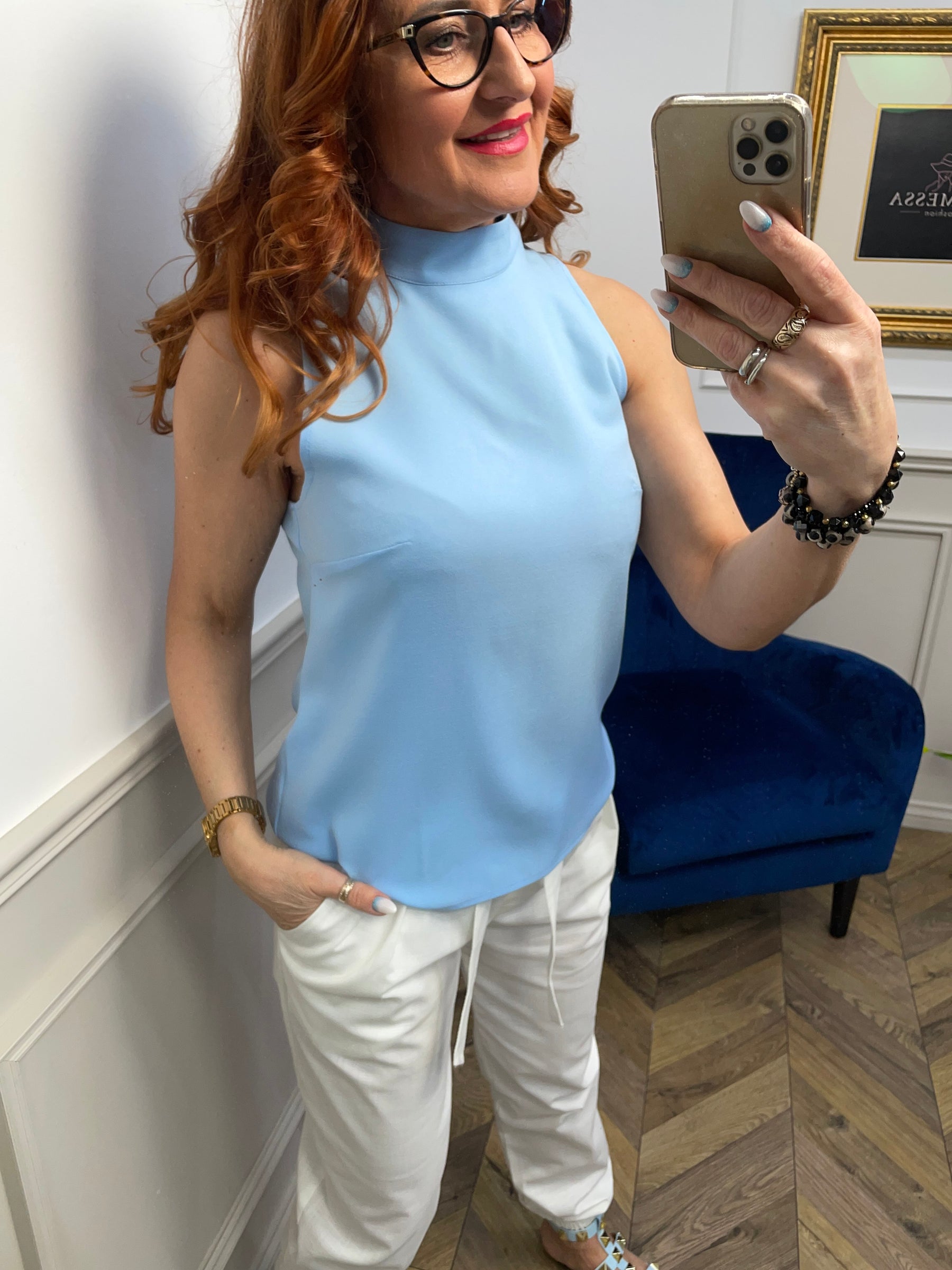 High Neck Sleeveless Top Venetto Blue