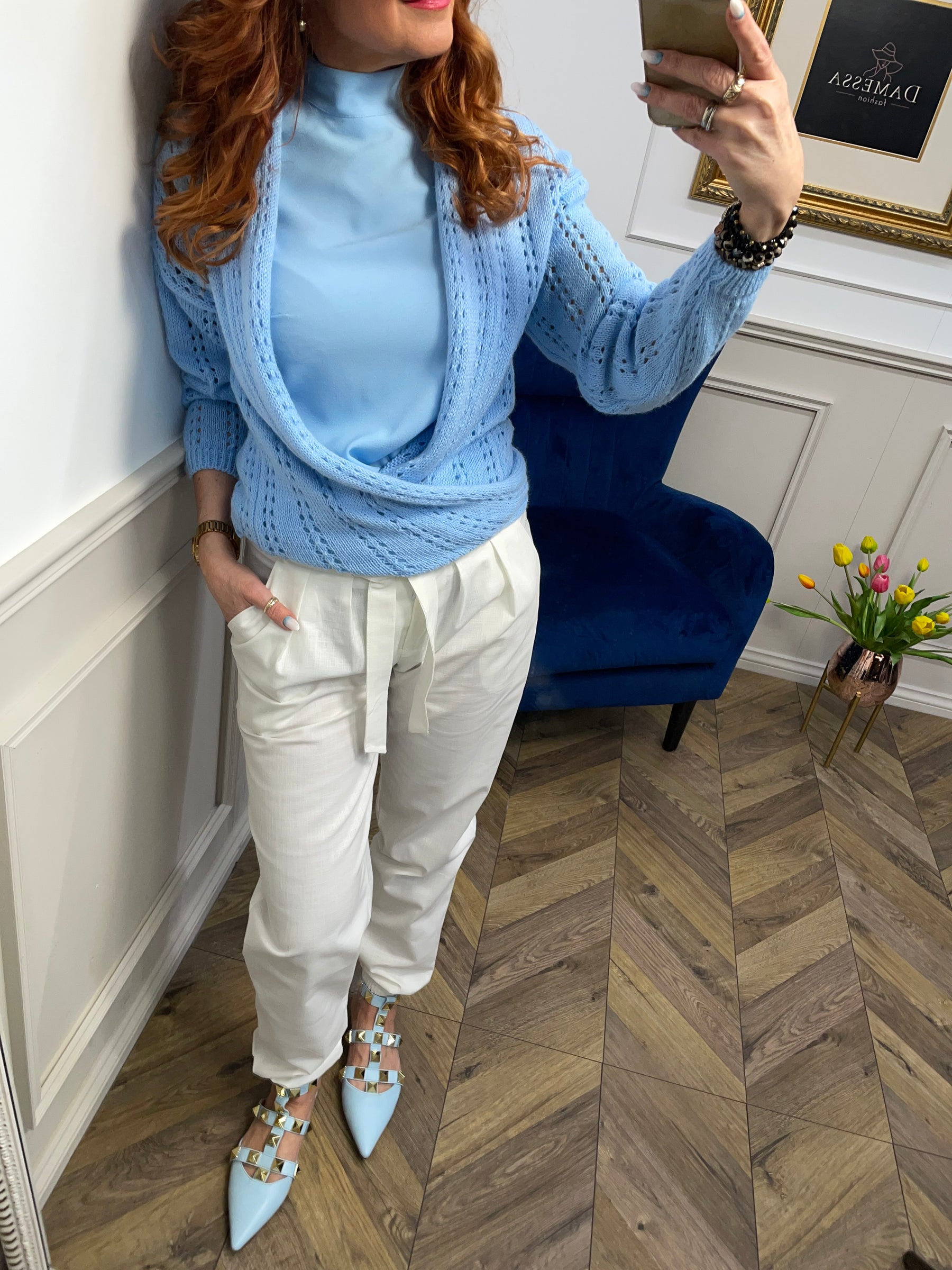 Acrylic Openwork Knit Tie Up Cardigan Trendy Doll Blue