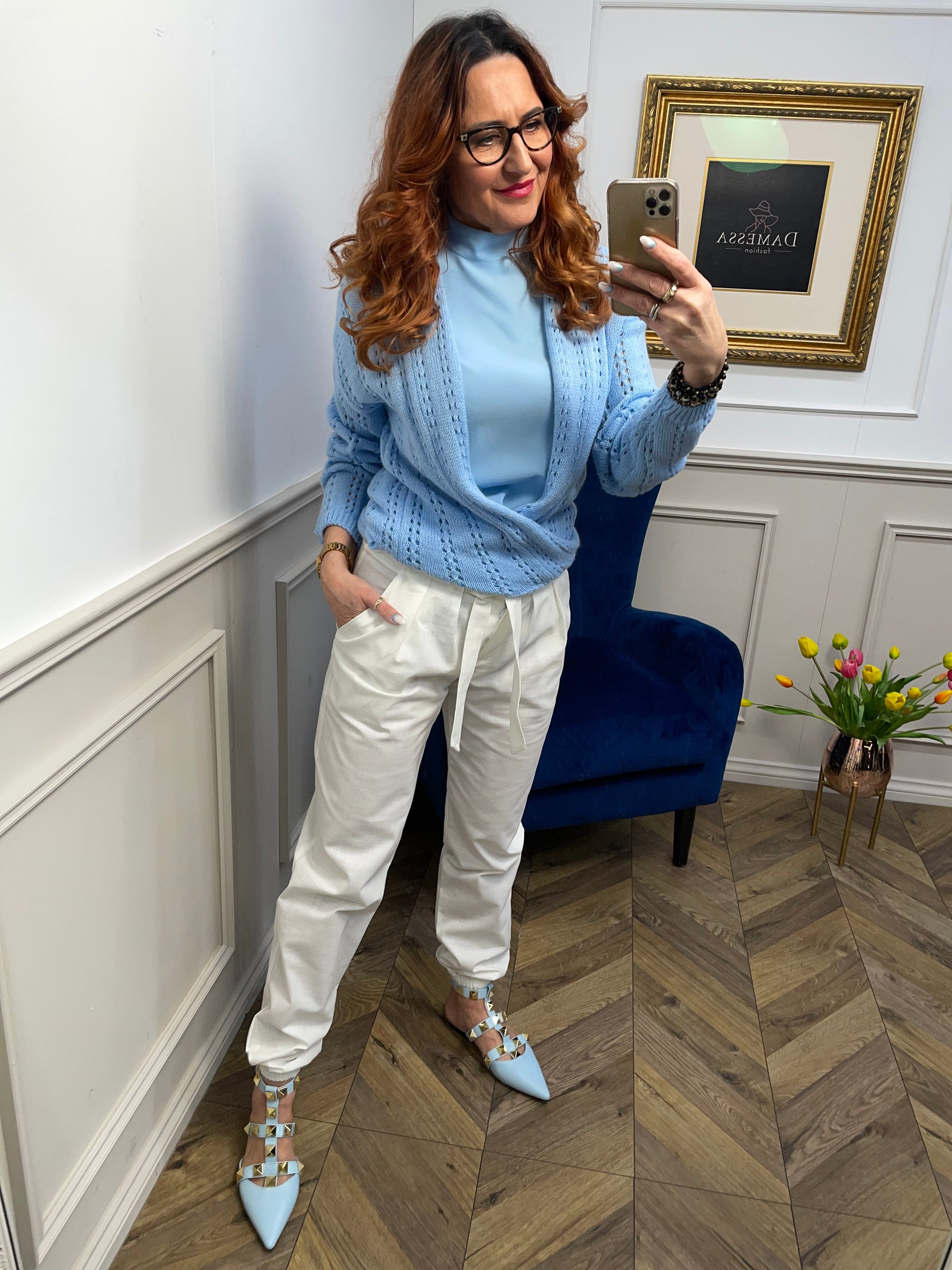 Acrylic Openwork Knit Tie Up Cardigan Trendy Doll Blue