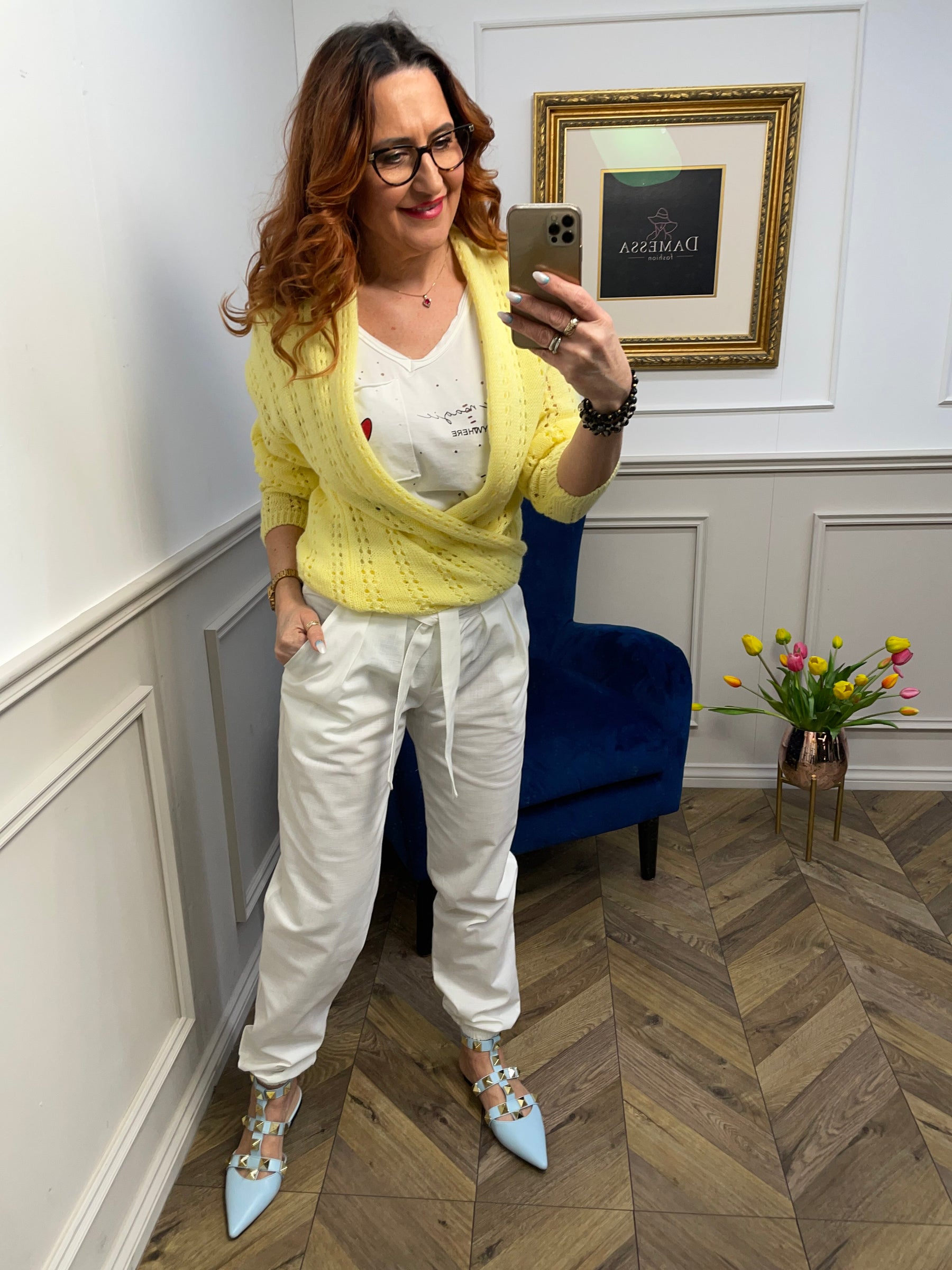 Acrylic Openwork Knit Tie Up Cardigan Trendy Doll Yellow