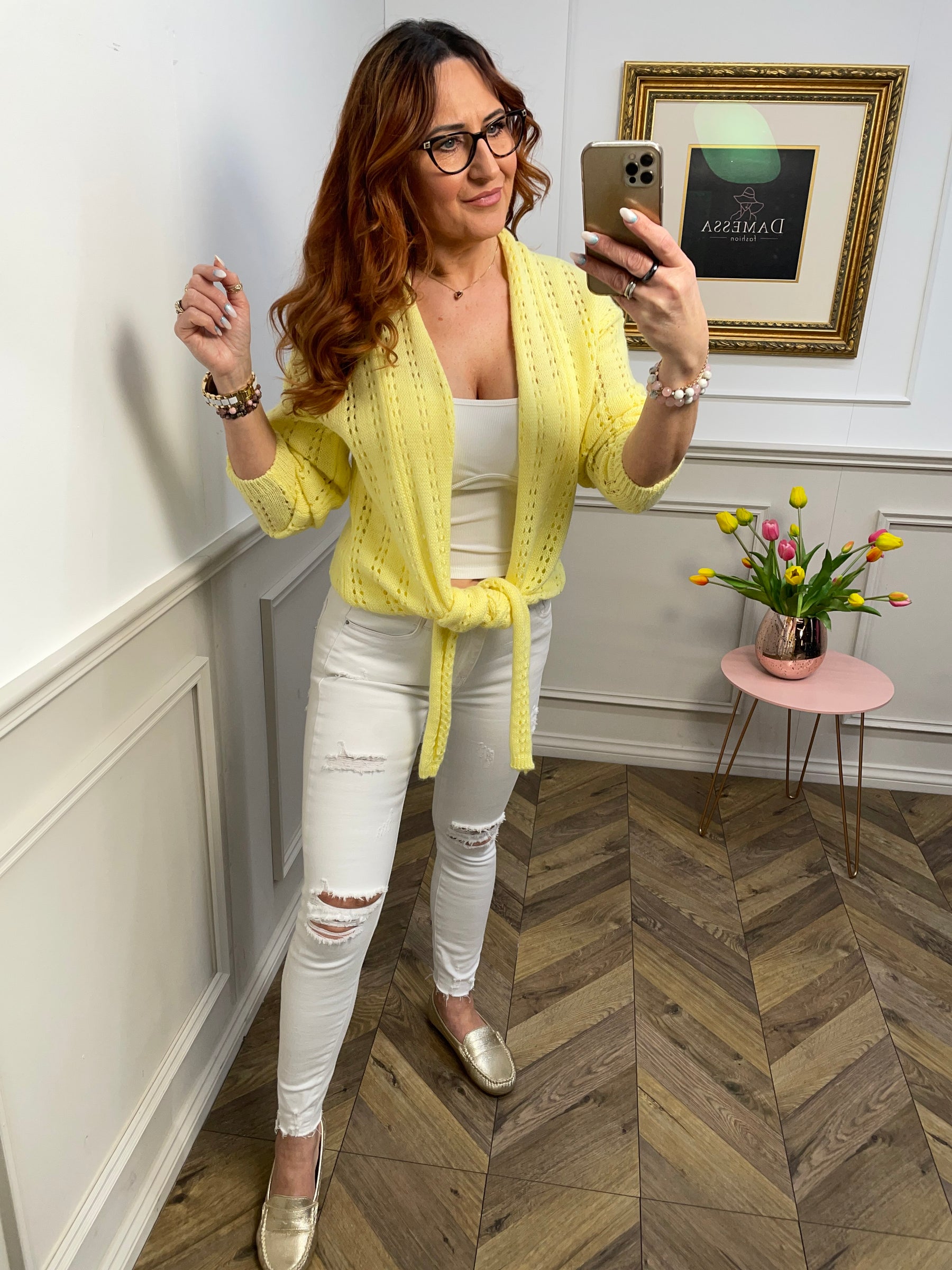 Acrylic Openwork Knit Tie Up Cardigan Trendy Doll Yellow