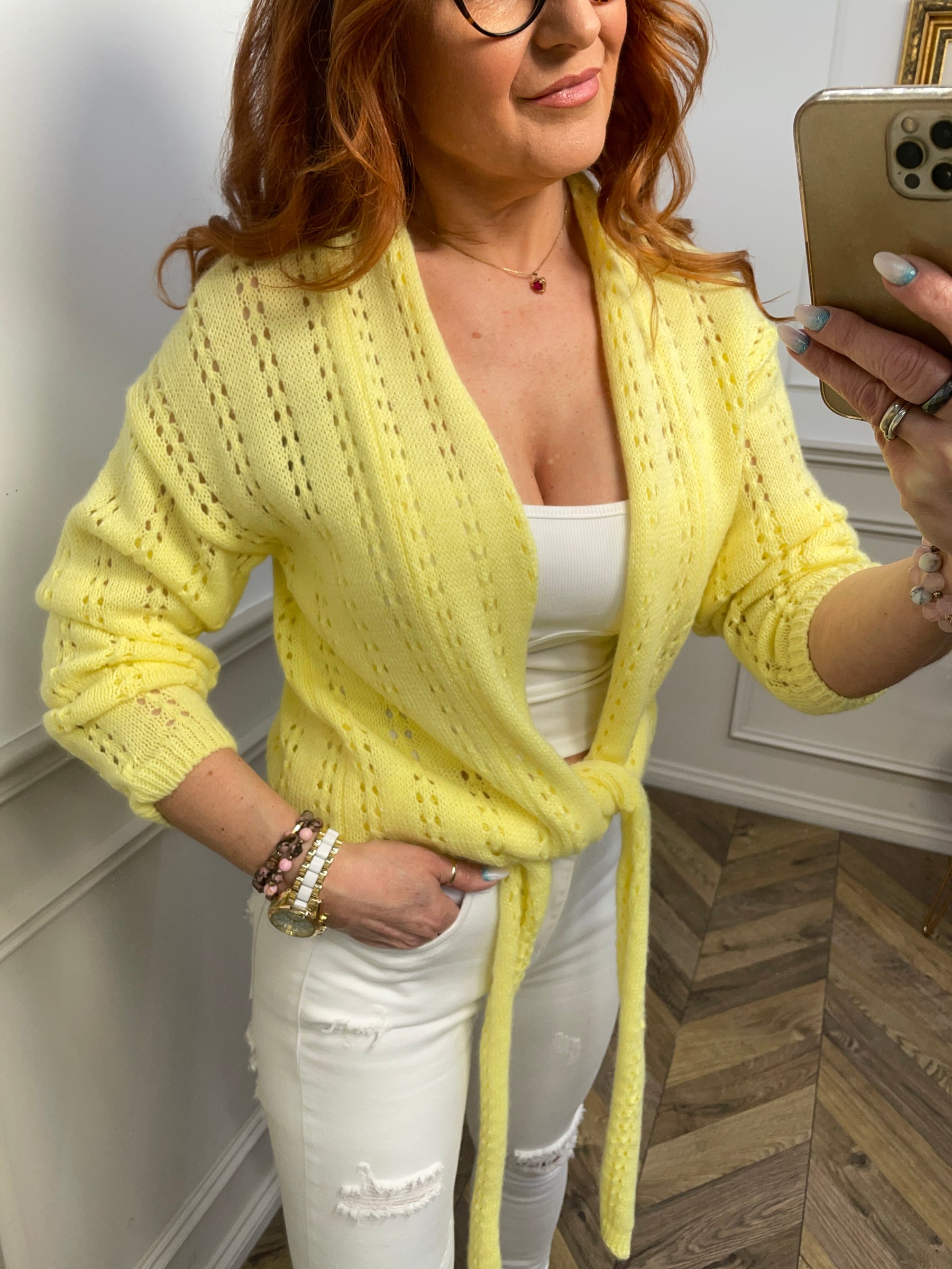 Acrylic Openwork Knit Tie Up Cardigan Trendy Doll Yellow