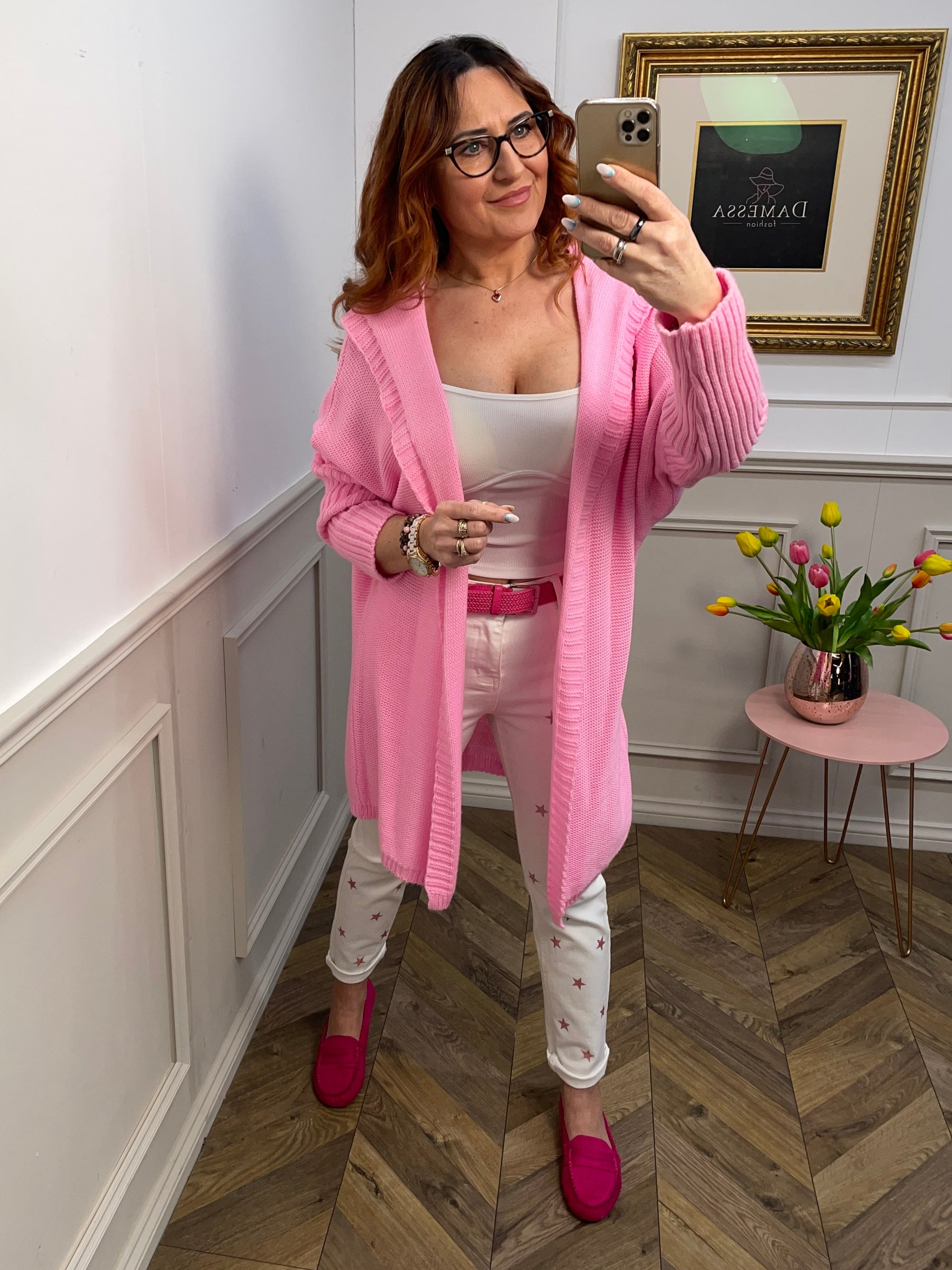 Knee Length Open Front Cardigan Maisie Pink