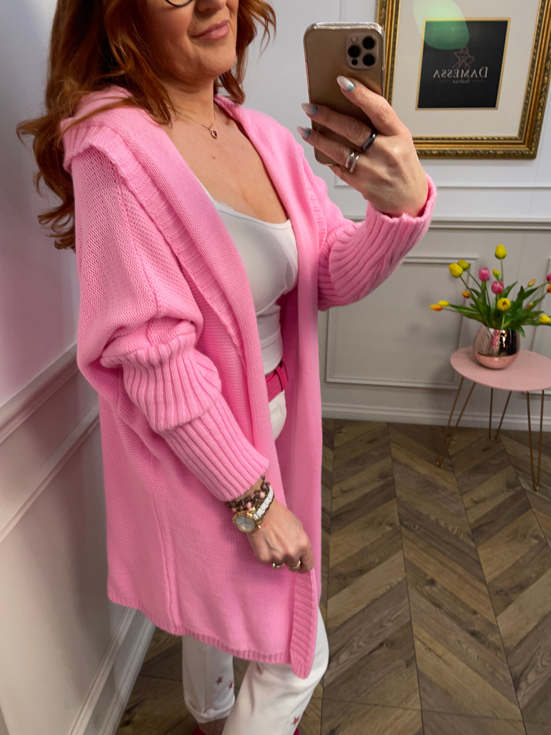 Knee Length Open Front Cardigan Maisie Pink
