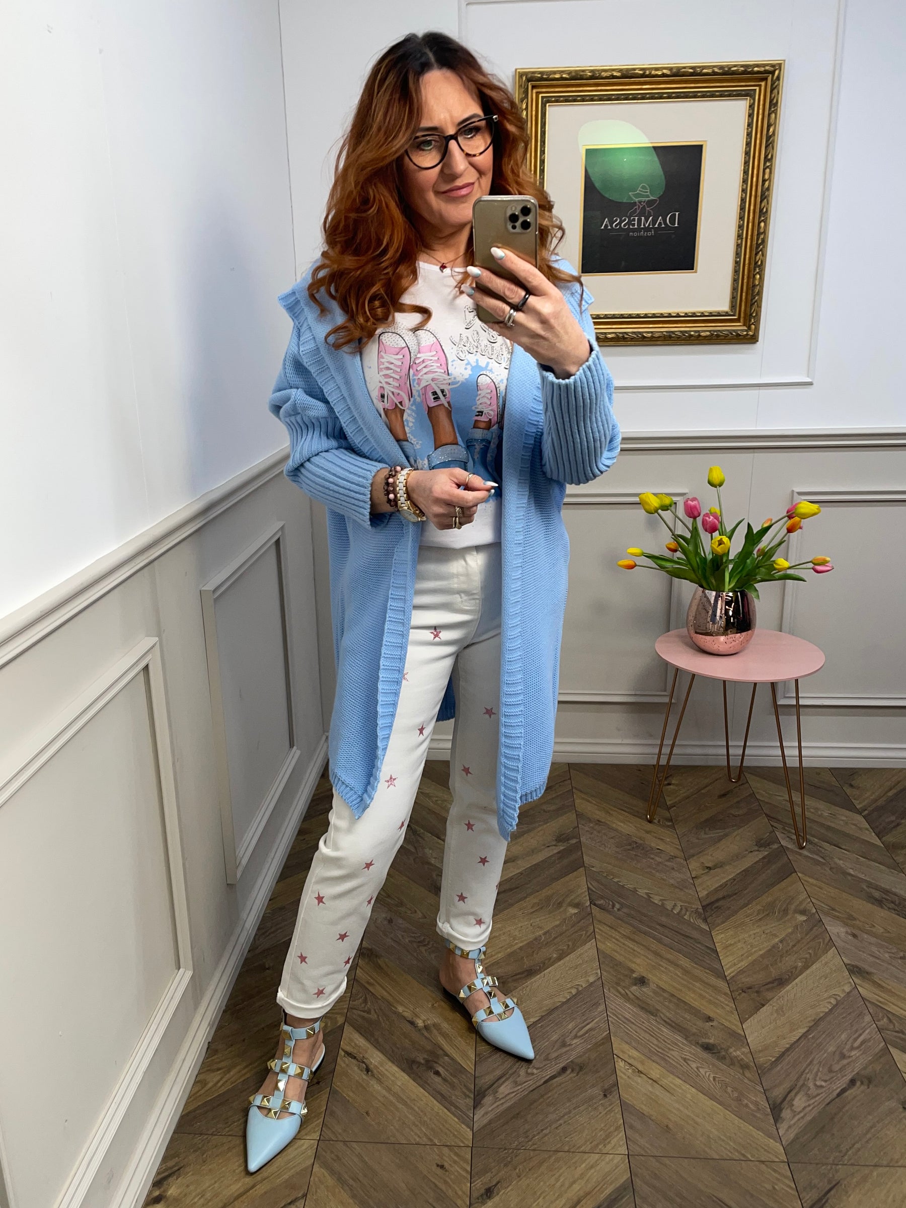 Knee Length Open Front Cardigan Maisie Blue