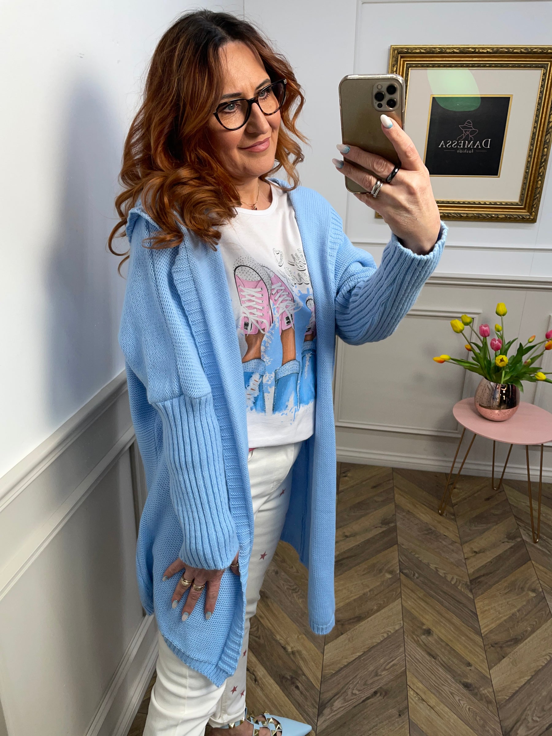 Knee Length Open Front Cardigan Maisie Blue