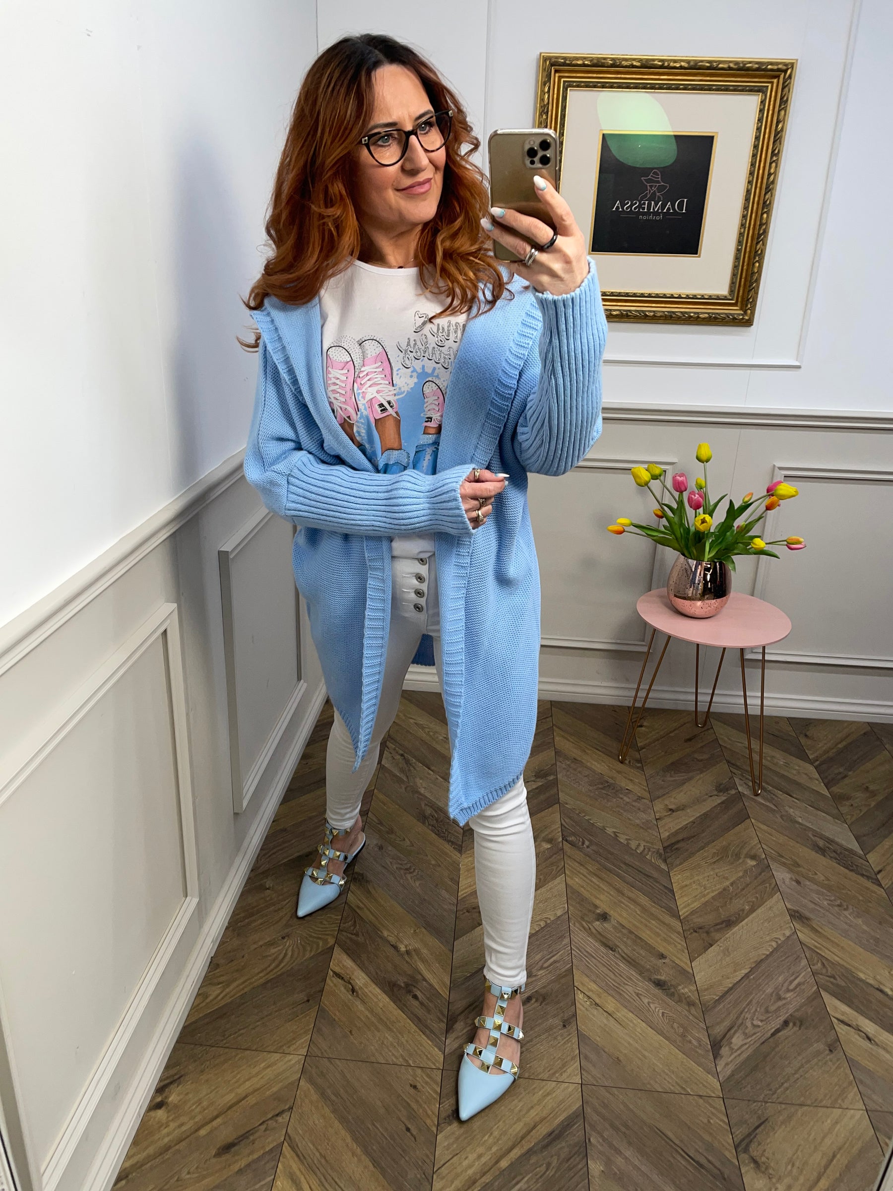 Knee Length Open Front Cardigan Maisie Blue