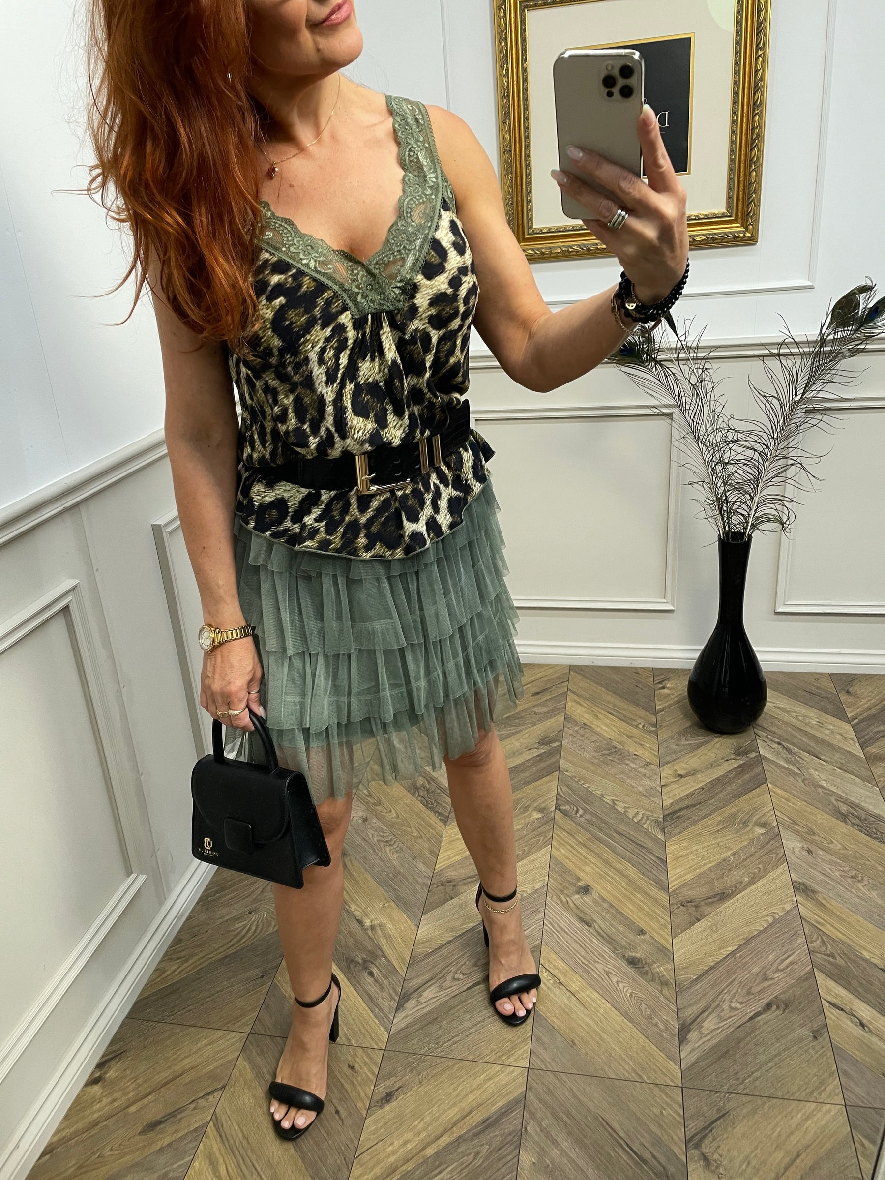 Satin Cami Top With Lace Trim Green