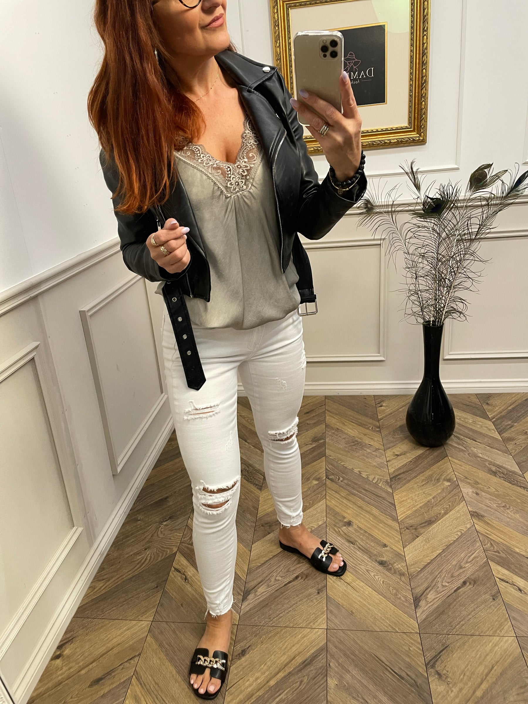 Satin Cami Top With Lace Trim Mettalic Mocha