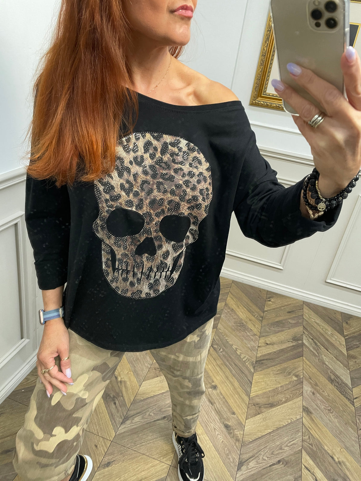 Oversized Long Sleeve Top Skull Black