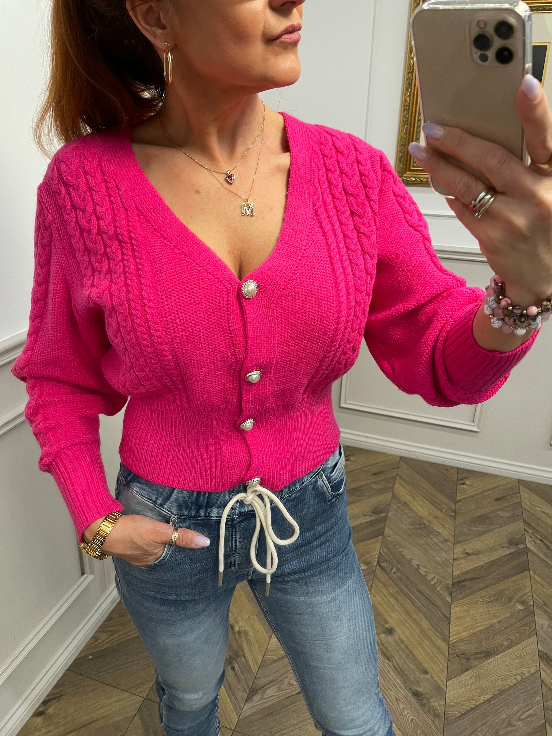 Knitted Pearl Button Cardigan Sonia Fuchsia