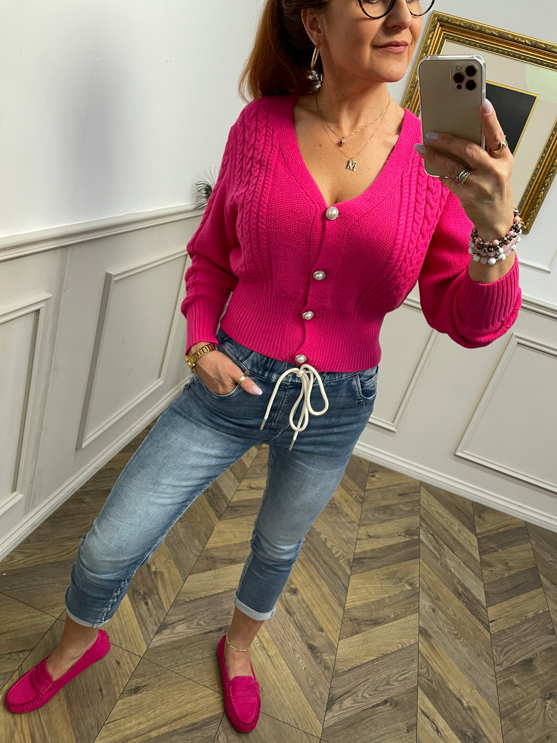 Knitted Pearl Button Cardigan Sonia Fuchsia