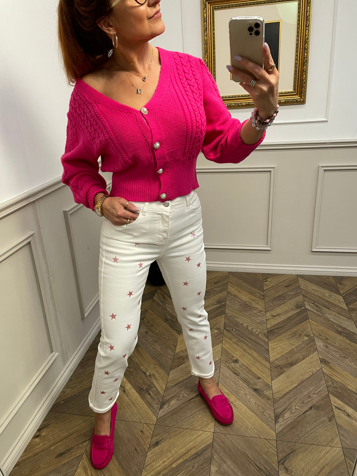 Knitted Pearl Button Cardigan Sonia Fuchsia