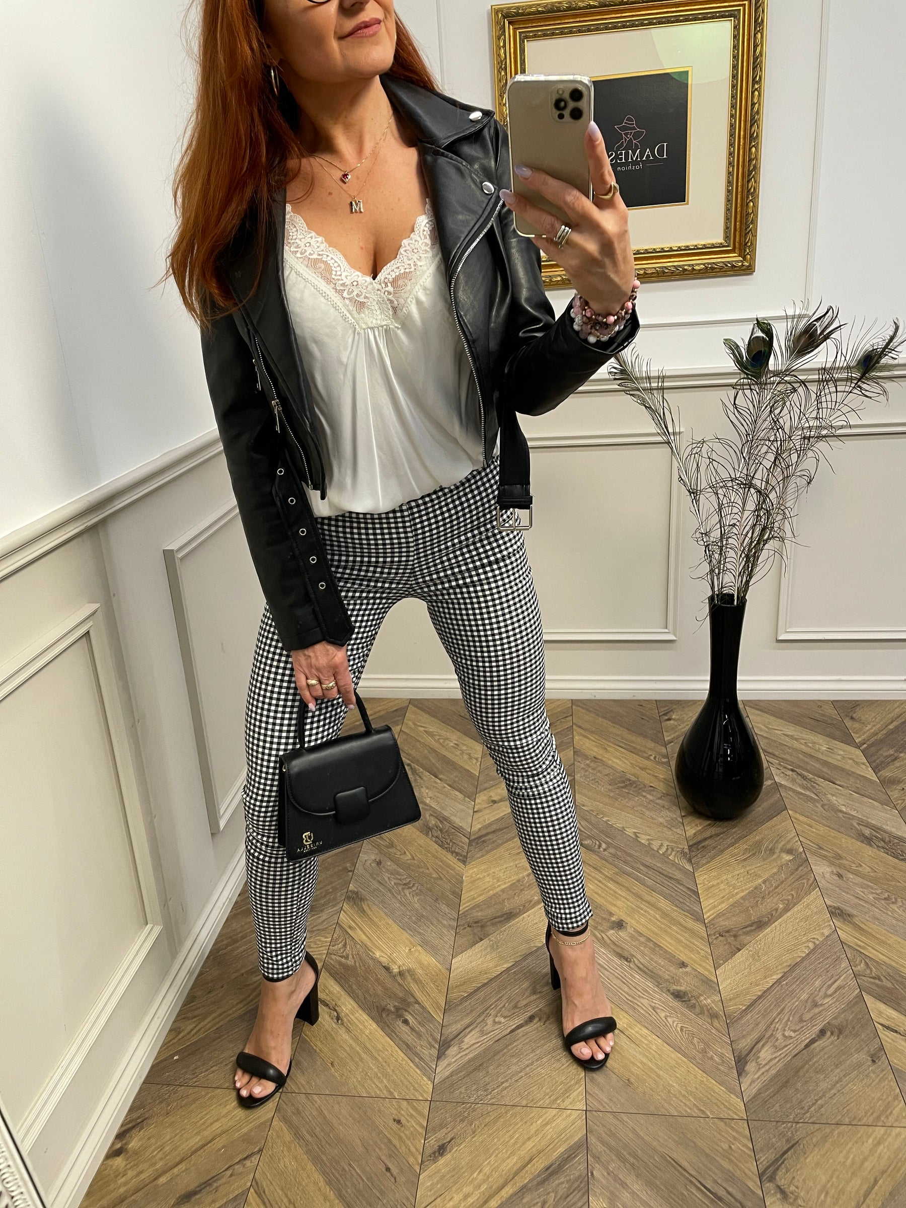 Slim Fit Gingham Design Trousers Azanto Black & White