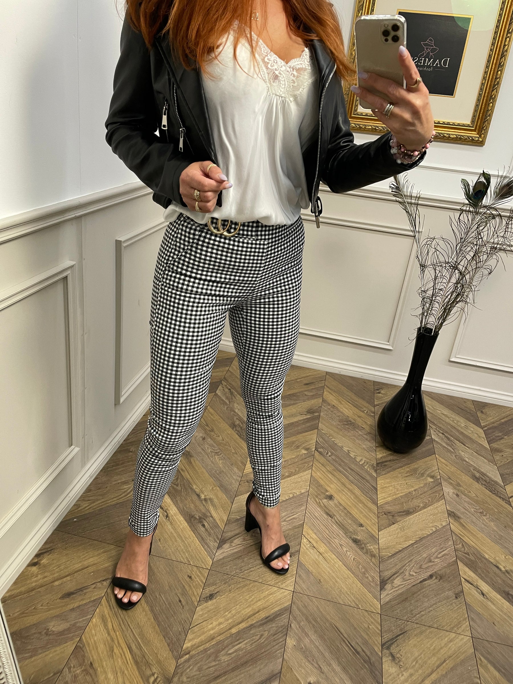 Slim Fit Gingham Design Trousers Azanto Black & White