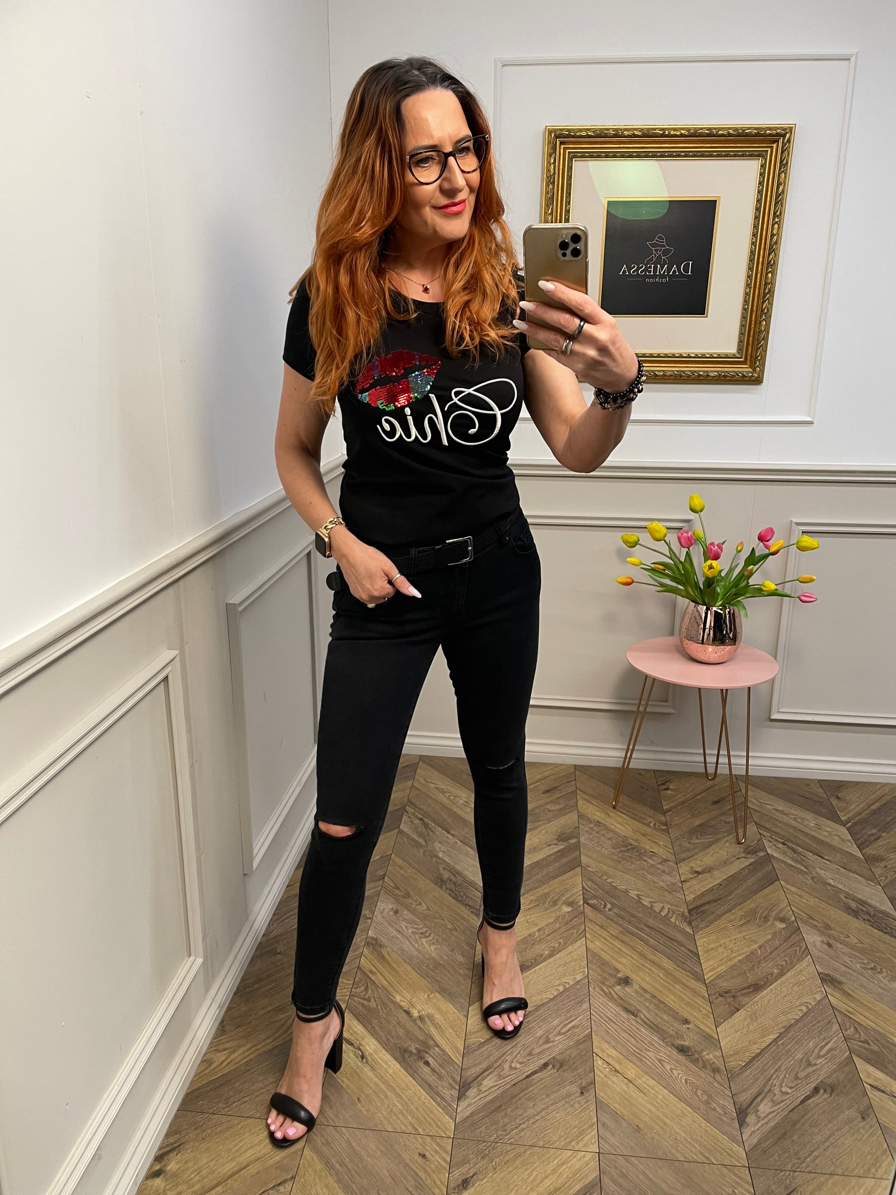 Sequin Detail Lips T-shirt Chic Black