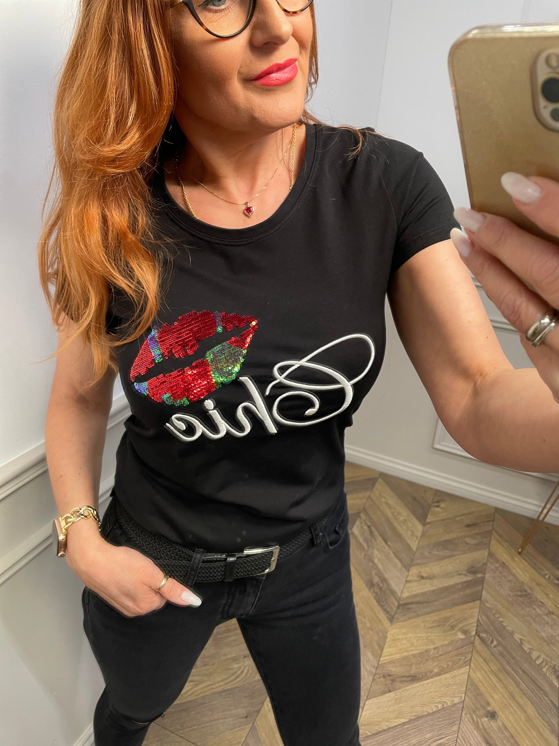 Sequin Detail Lips T-shirt Chic Black
