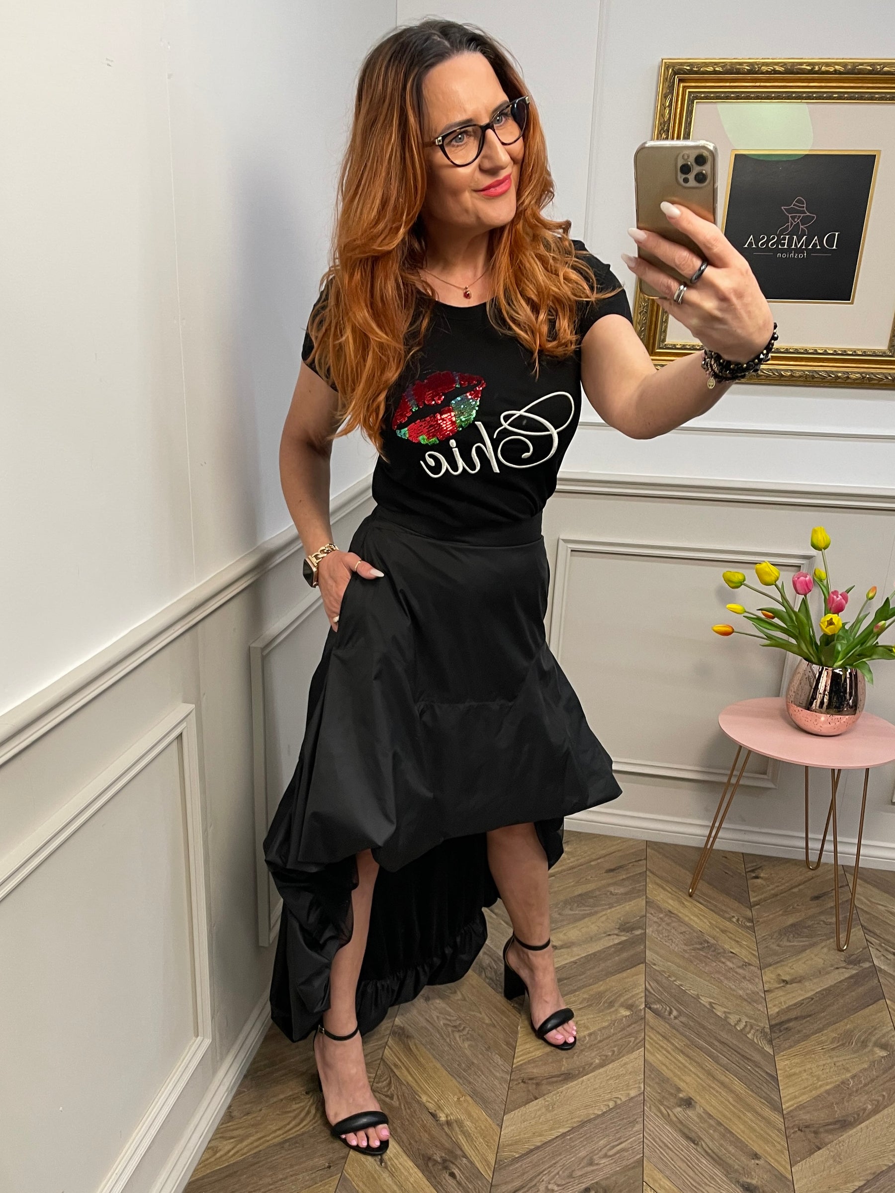 Sequin Detail Lips T-shirt Chic Black