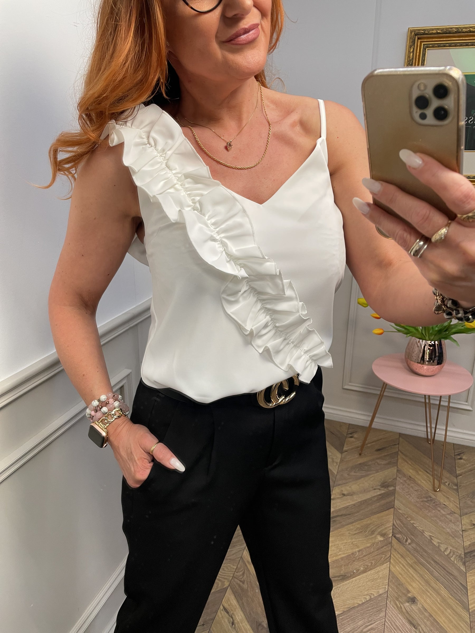 Frill Spaghetti Strap Top Labranda White