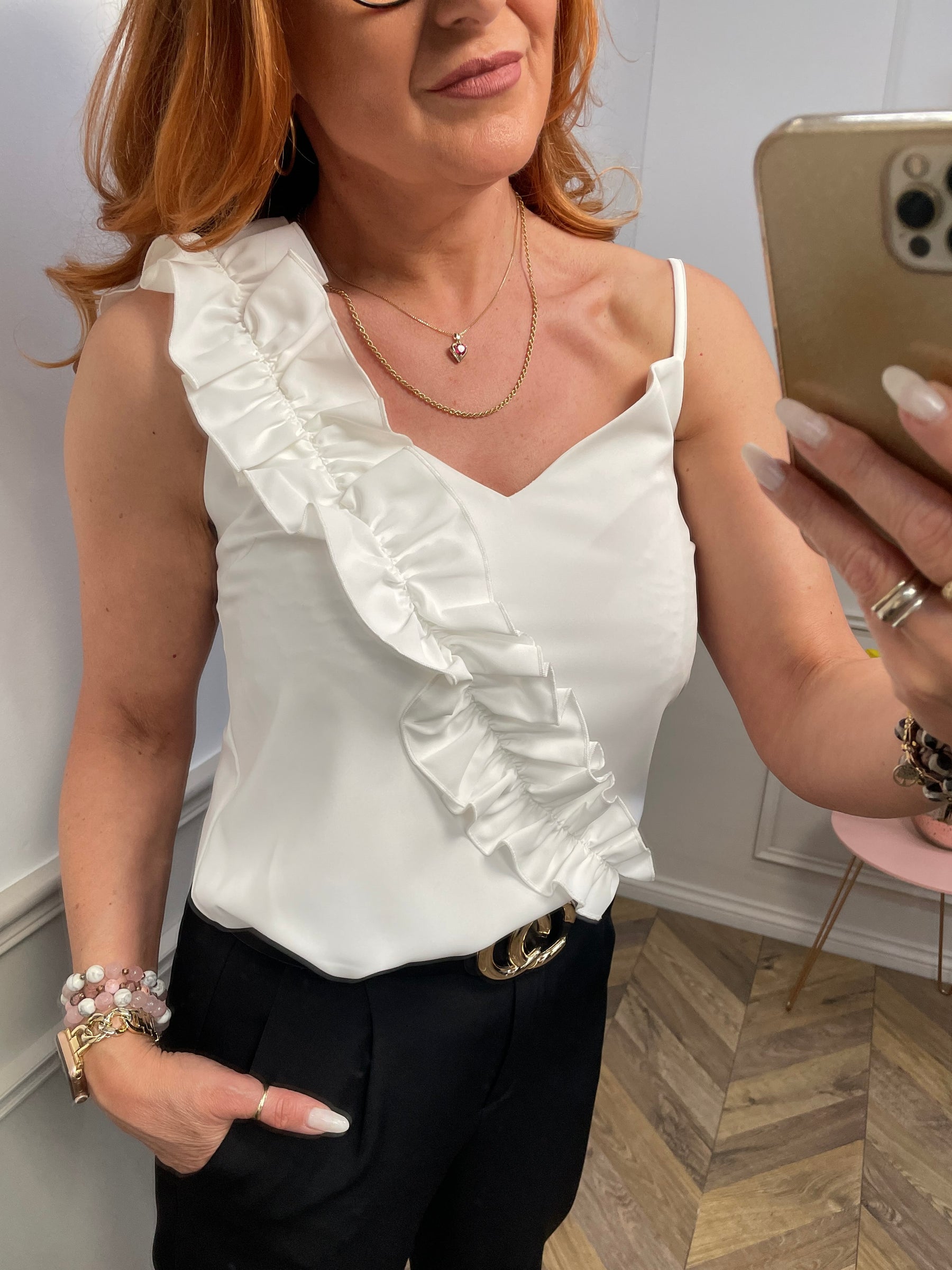 Frill Spaghetti Strap Top Labranda White