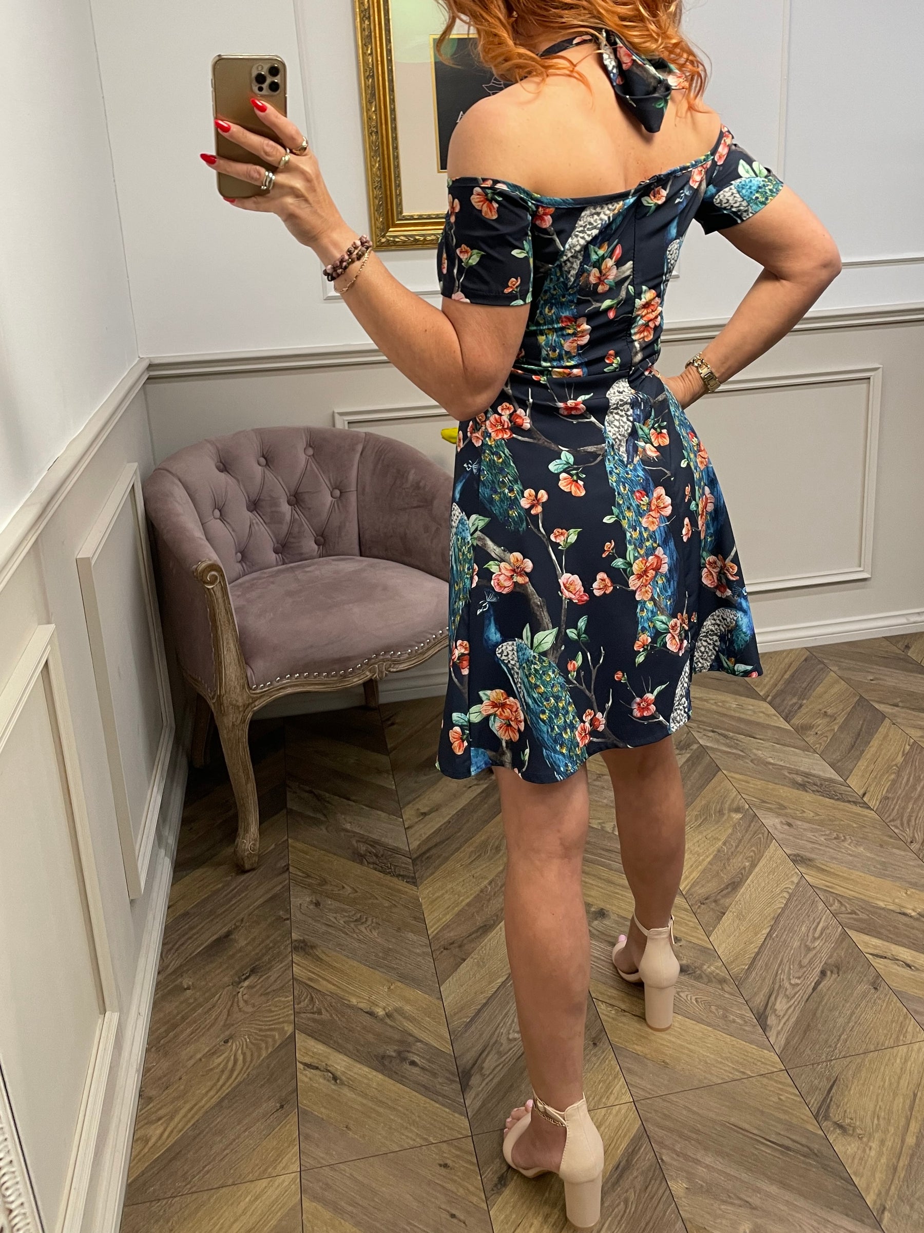 Peacock Print Off-Shoulder Dress Navy