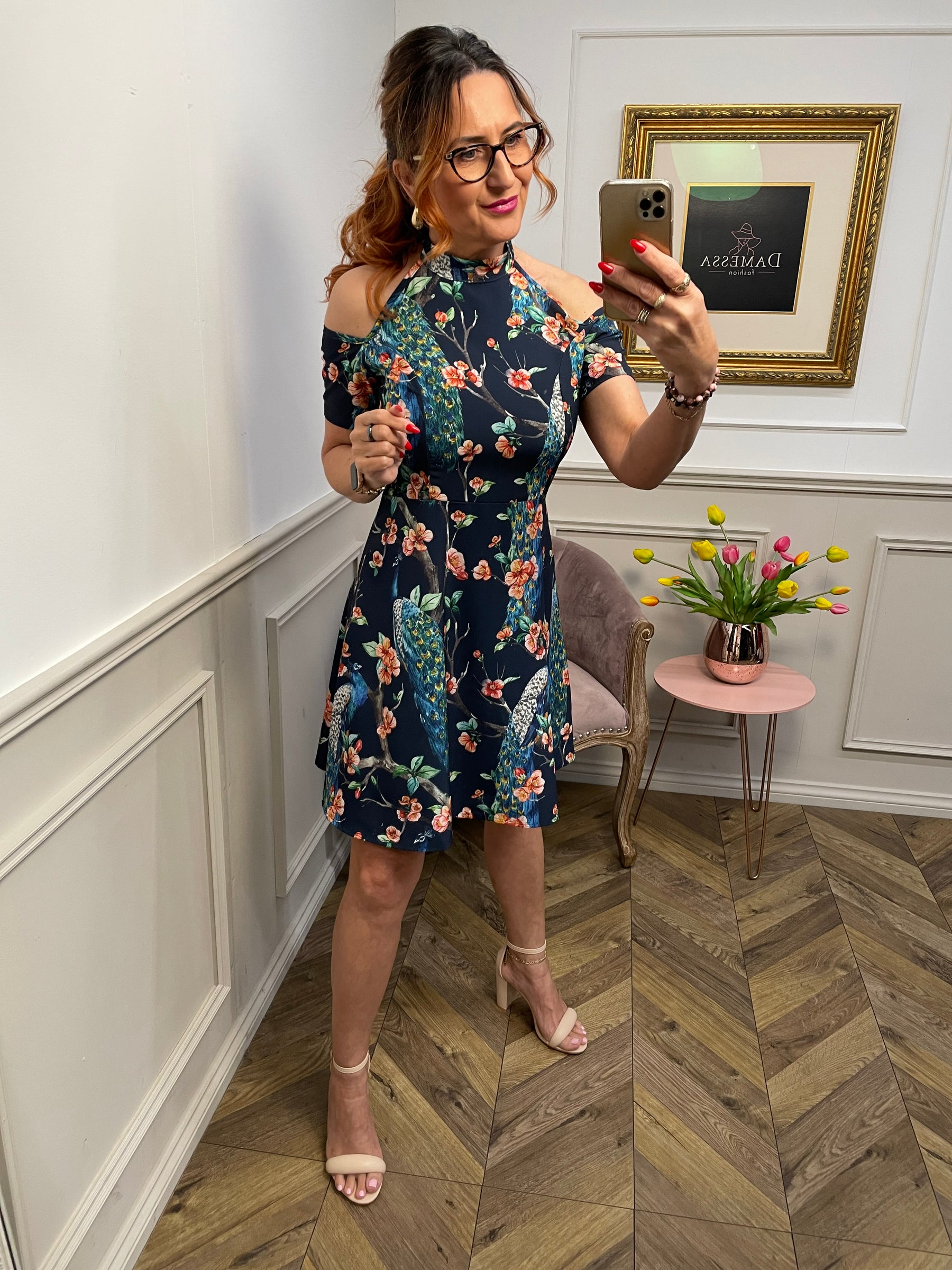 Peacock Print Off-Shoulder Dress Navy