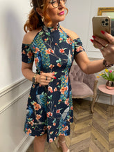 Peacock Print Off-Shoulder Dress Navy