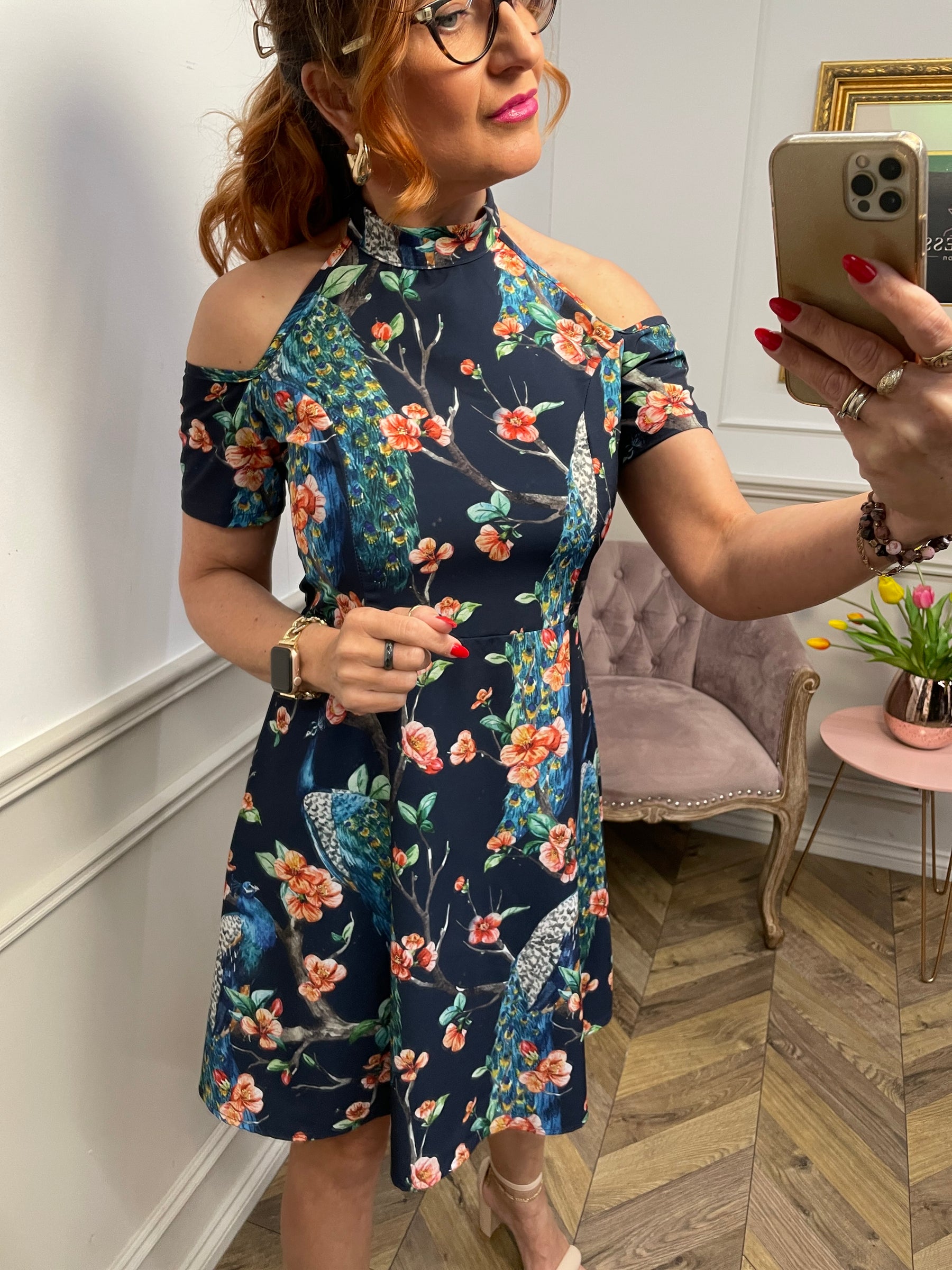 Peacock Print Off-Shoulder Dress Navy