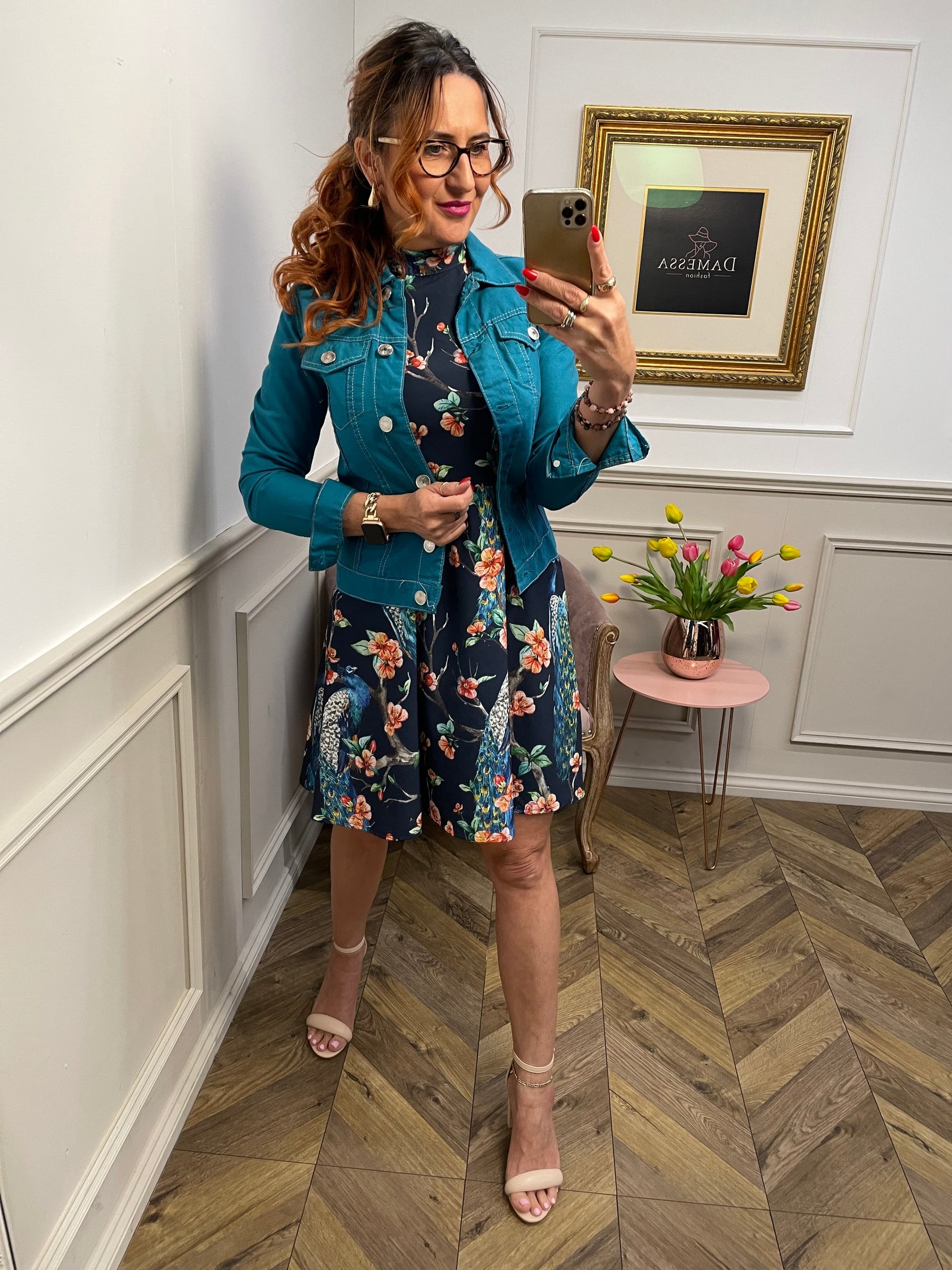 Peacock Print Off-Shoulder Dress Navy