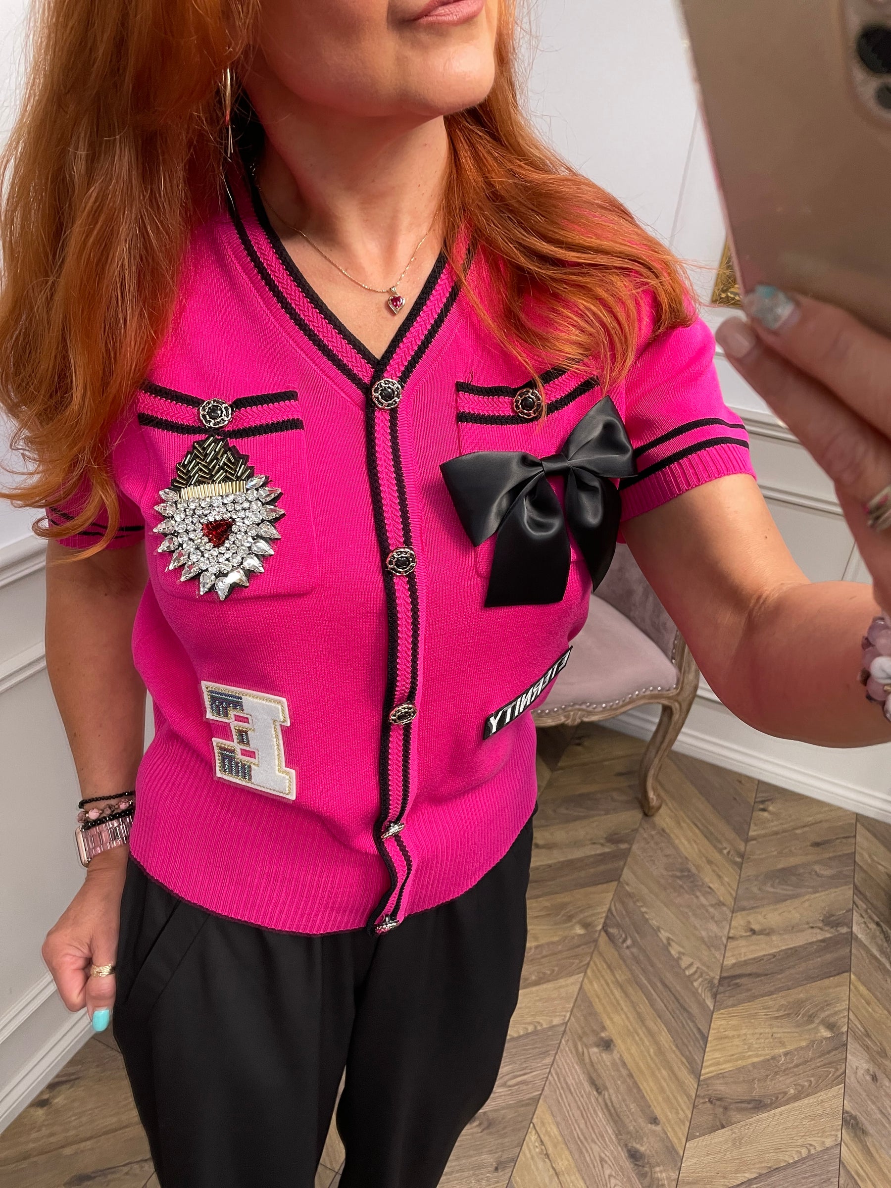 Short Sleeve V-neck Knit Jumper Eternity Fuchsia