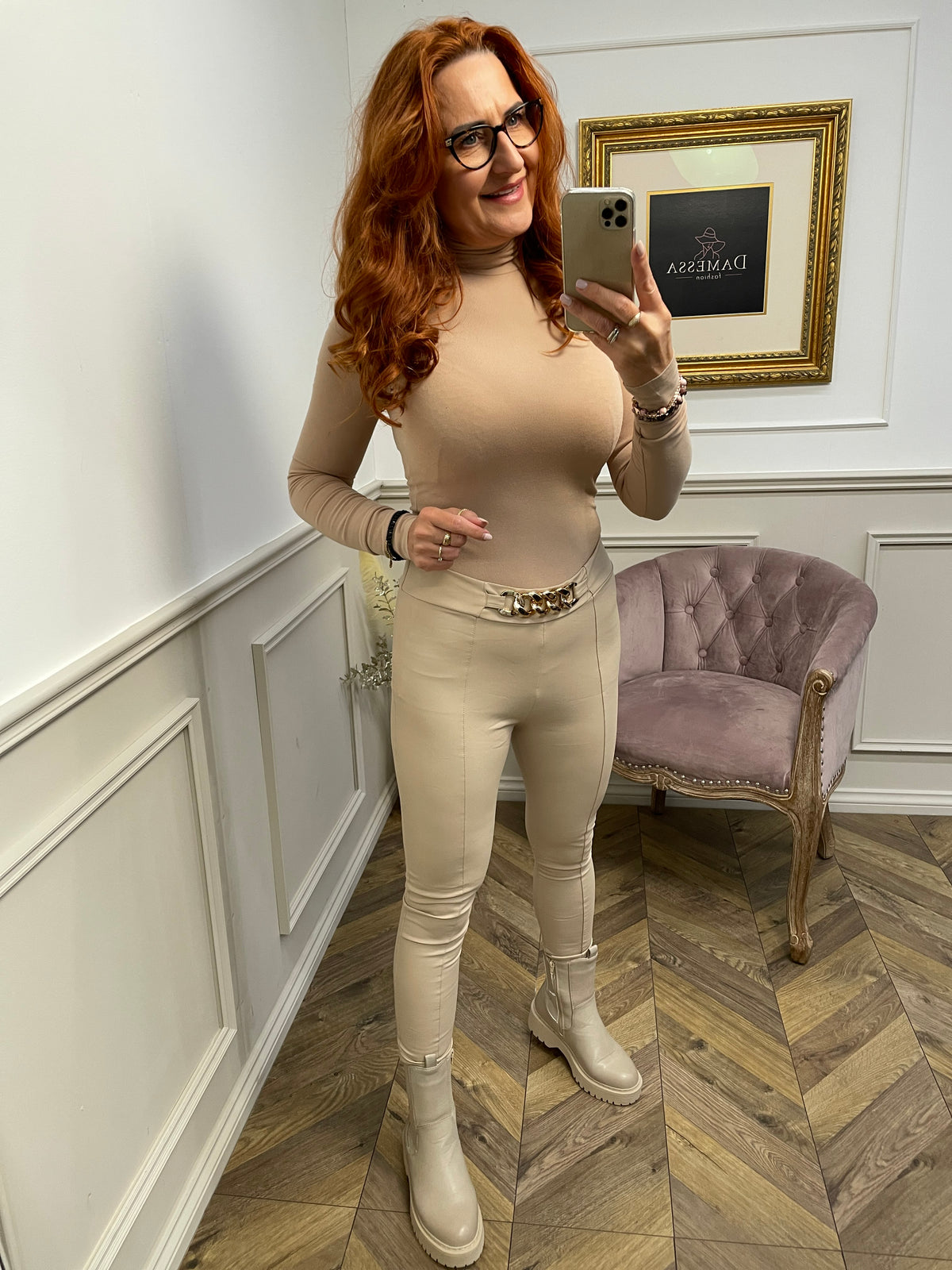 Faux Leather Chain Leggings Oslo Beige