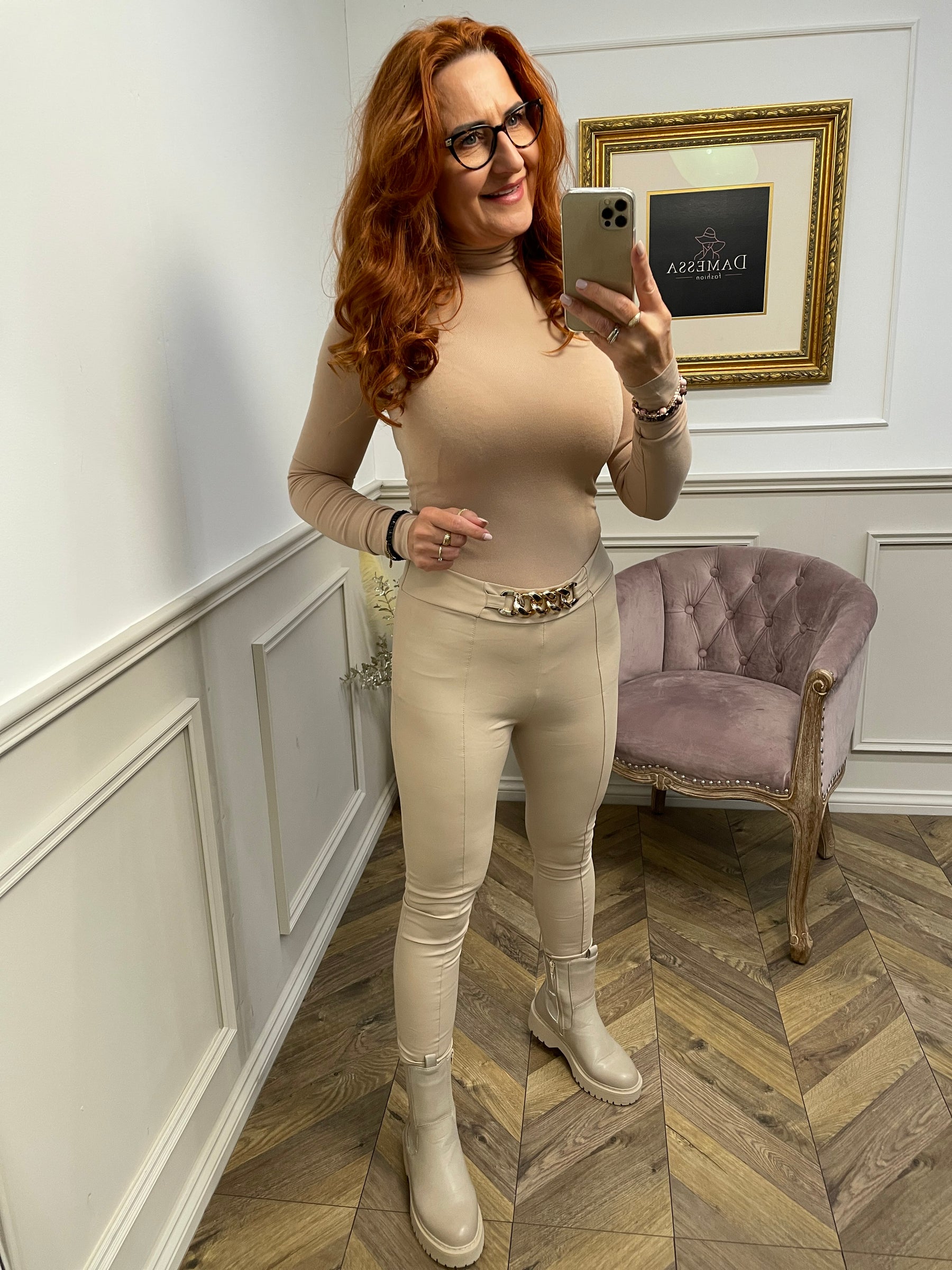 Faux Leather Chain Leggings Oslo Beige