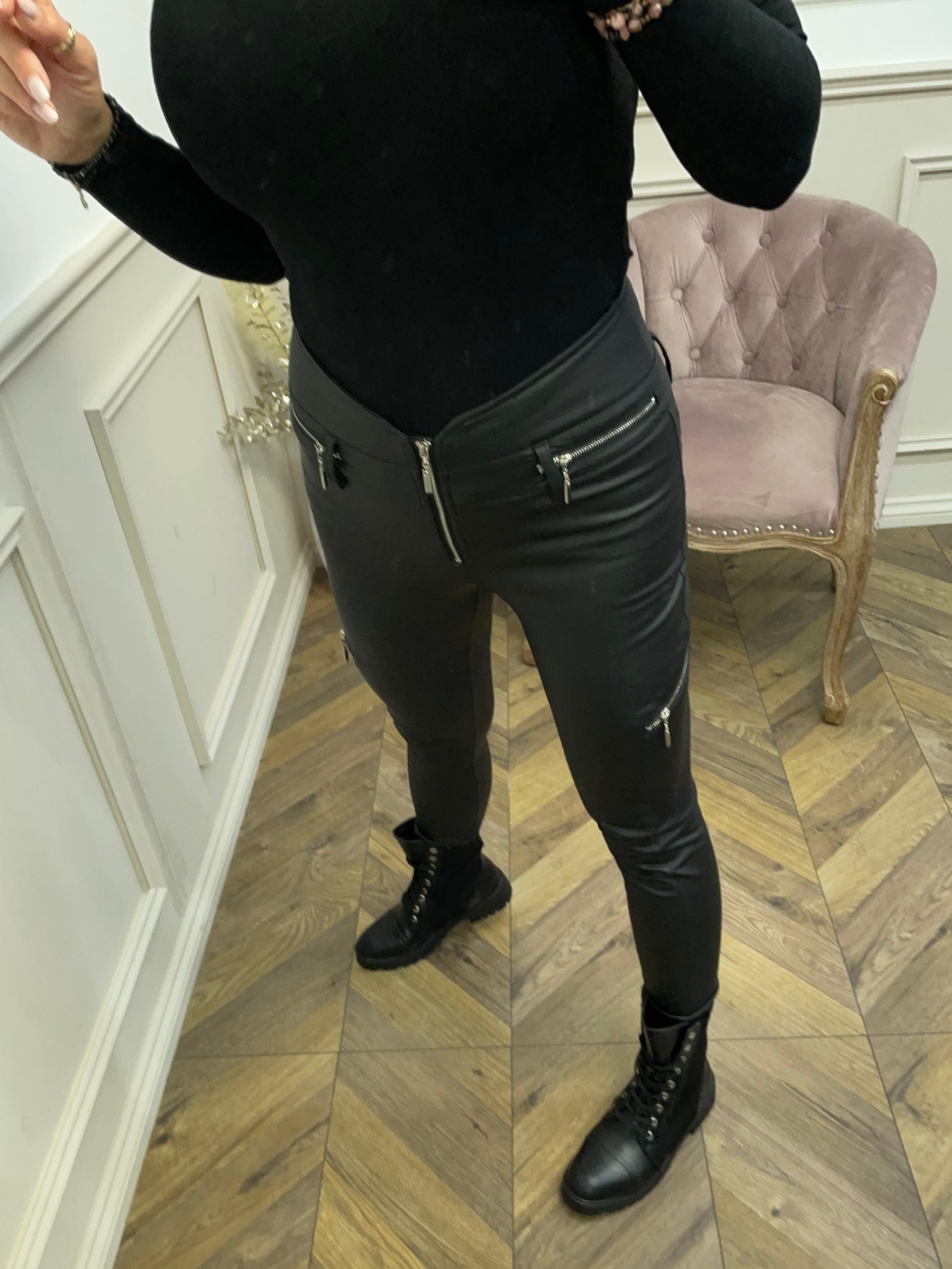 Faux Leather Elastic Trousers With Zips Montero Black