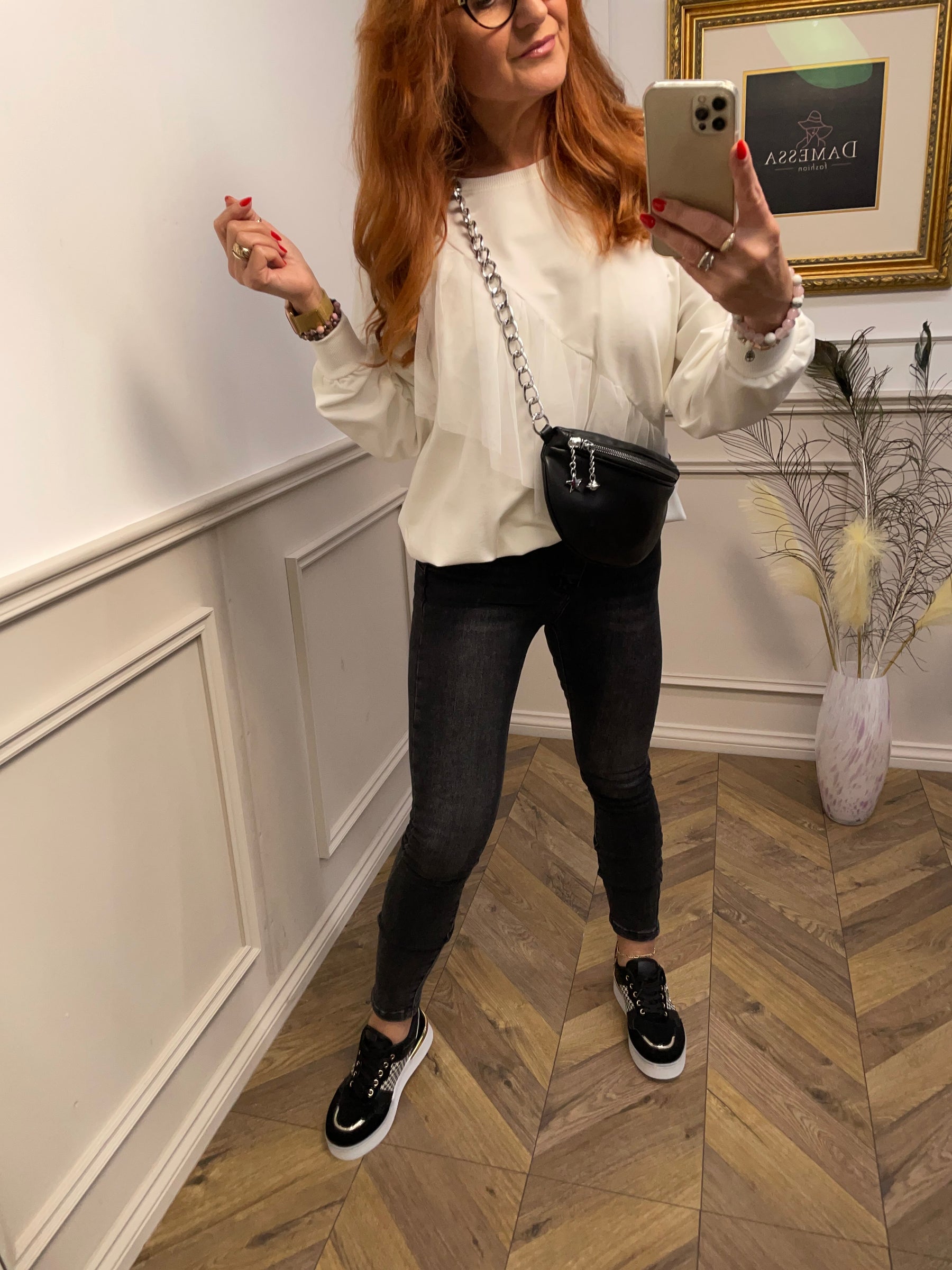 Cotton Sweatshirt With Tulle Ruffles Iris White