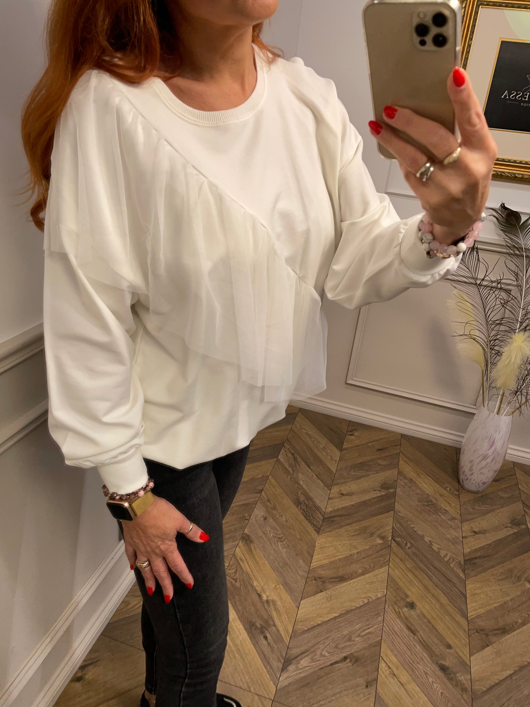 Cotton Sweatshirt With Tulle Ruffles Iris White