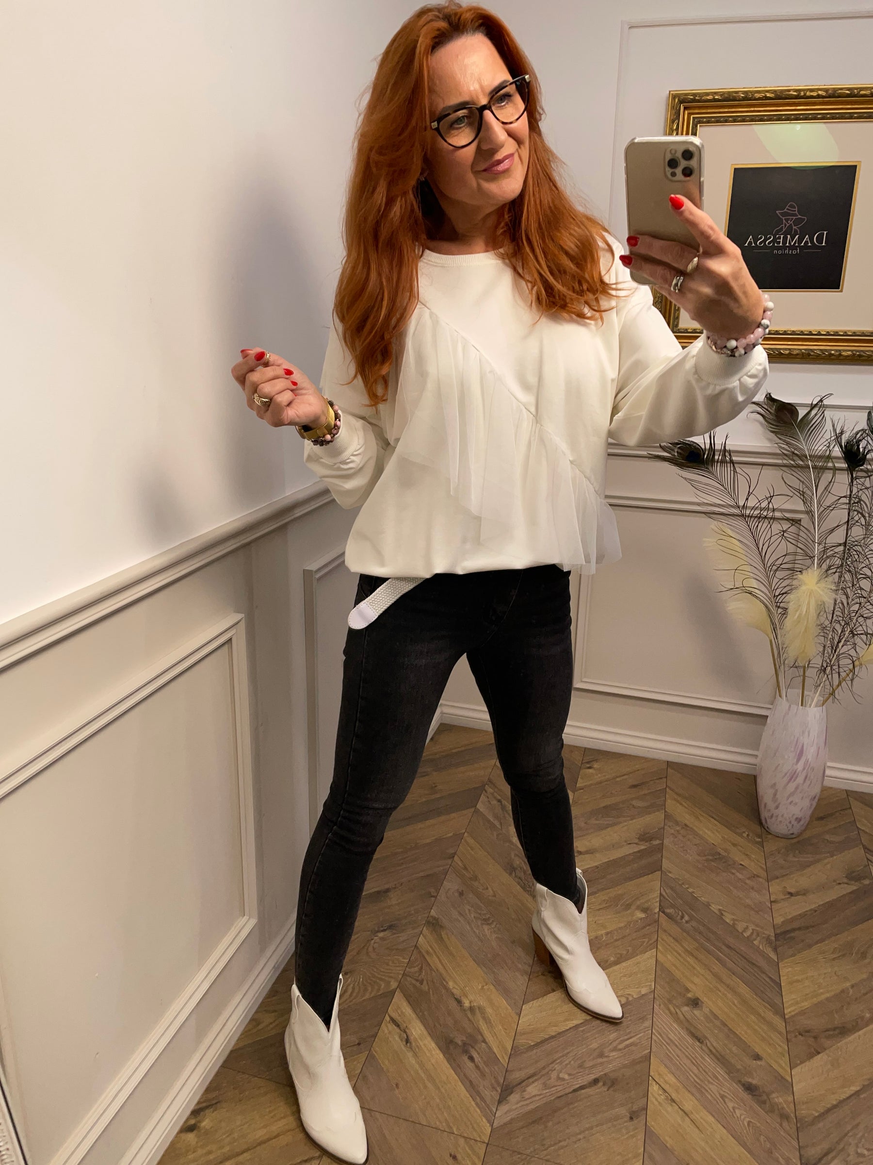 Cotton Sweatshirt With Tulle Ruffles Iris White