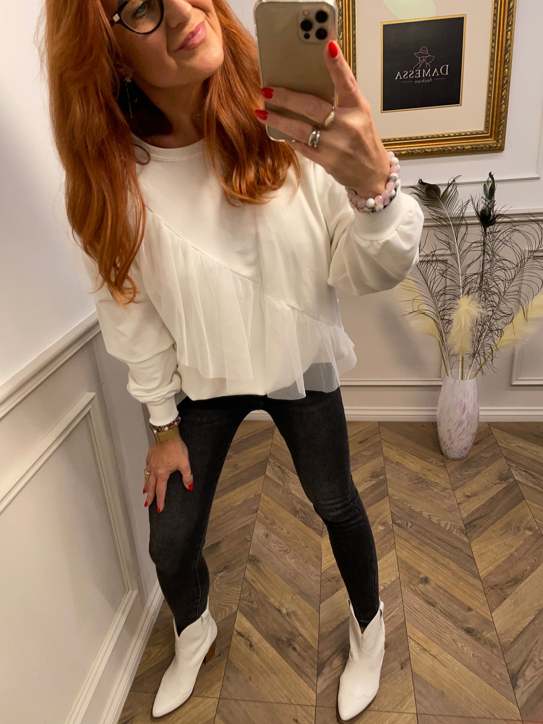 Cotton Sweatshirt With Tulle Ruffles Iris White