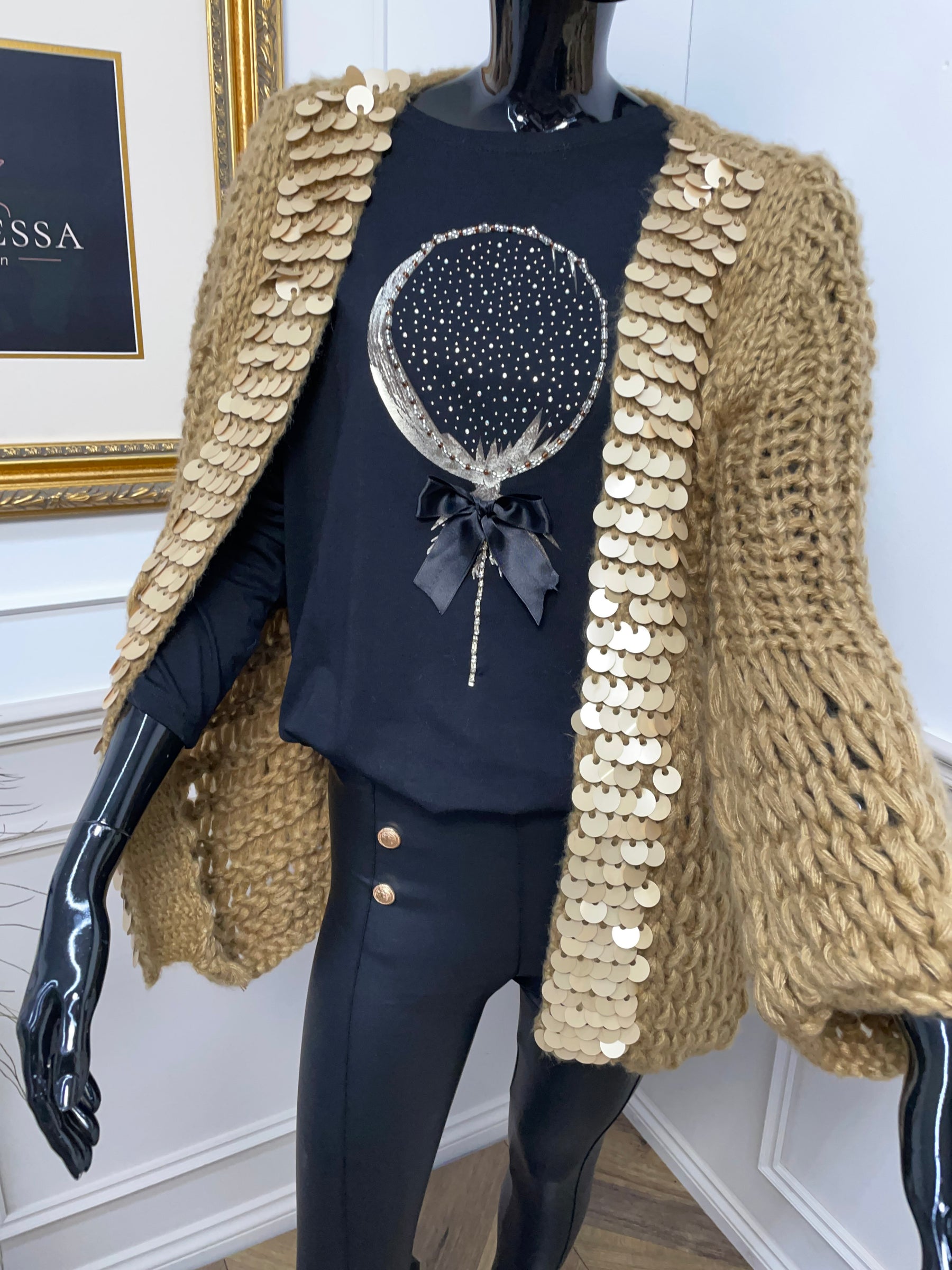 Open Front Chunky Cardigan With Sequins Morena Camel