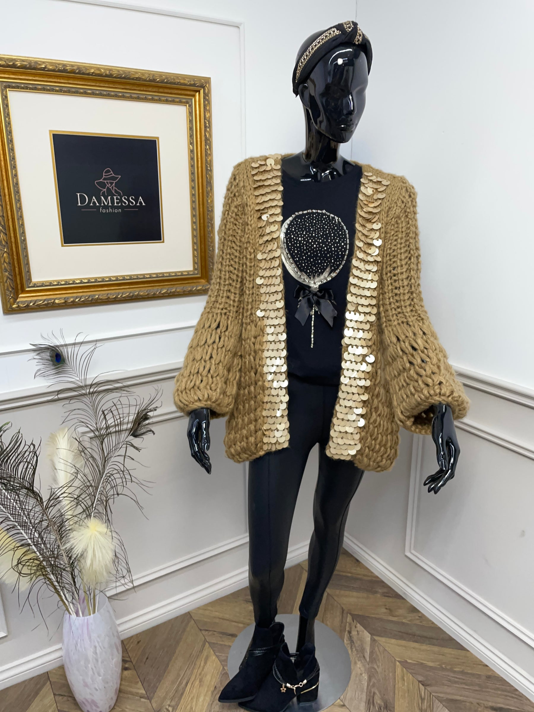 Open Front Chunky Cardigan With Sequins Morena Camel