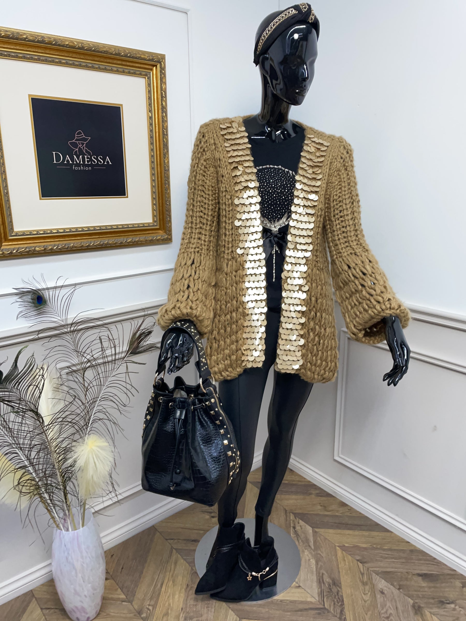 Open Front Chunky Cardigan With Sequins Morena Camel