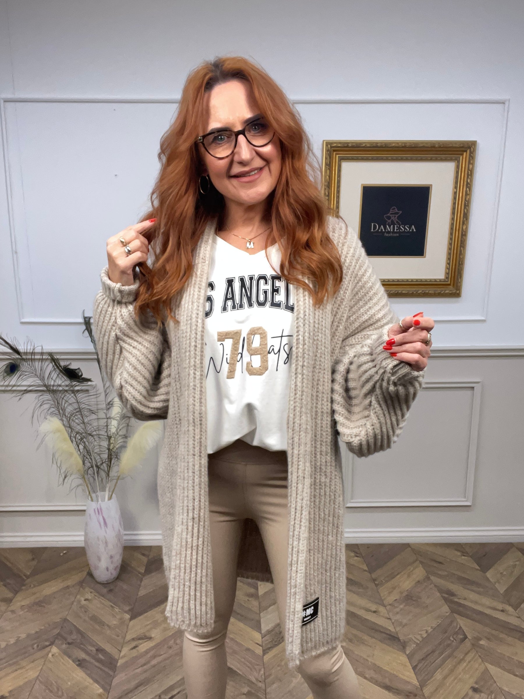 Open Front Chunky Cardigan Polo Beige