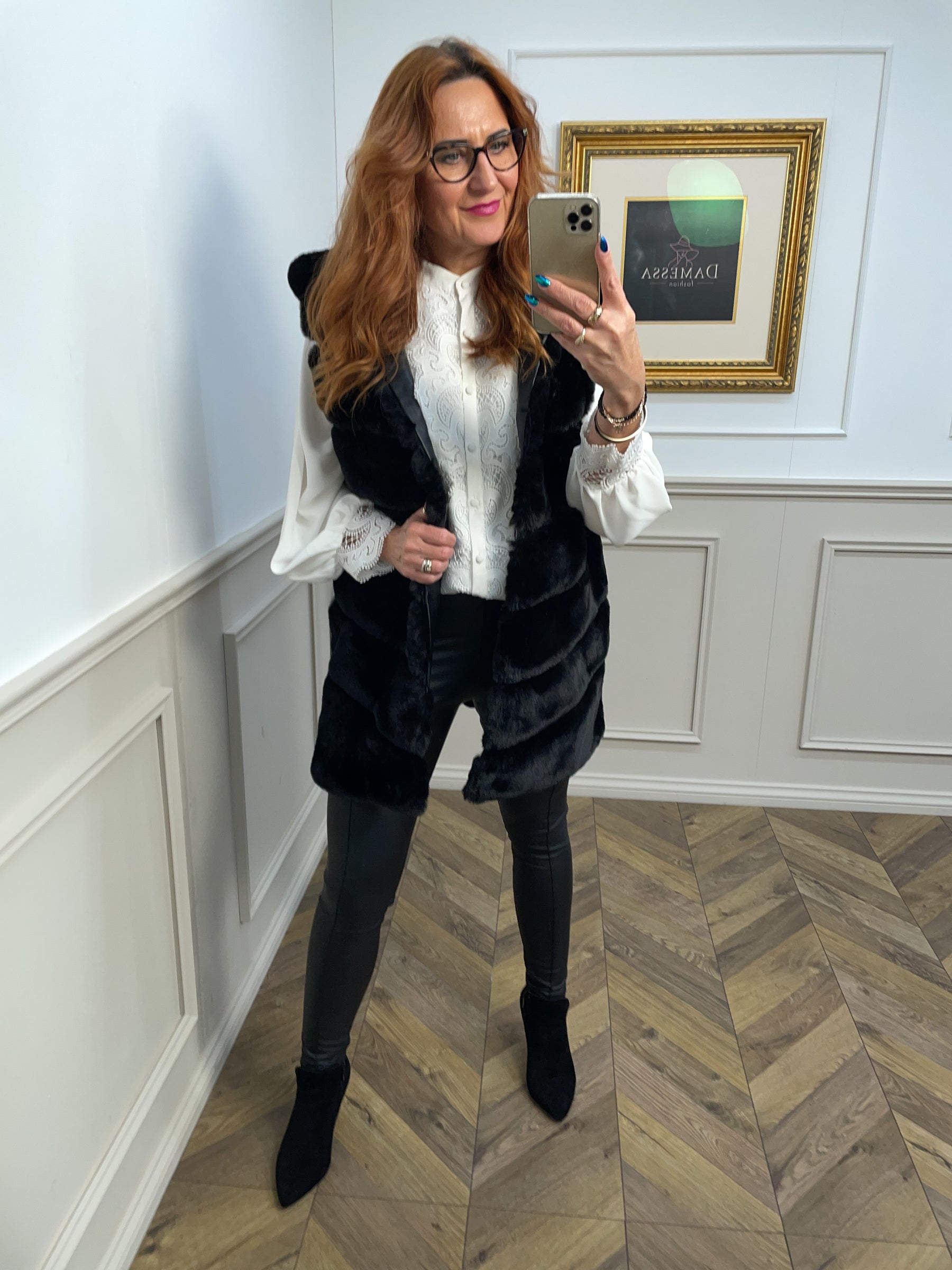 Faux Fur Hooded Longline Gilet Capriosa Black