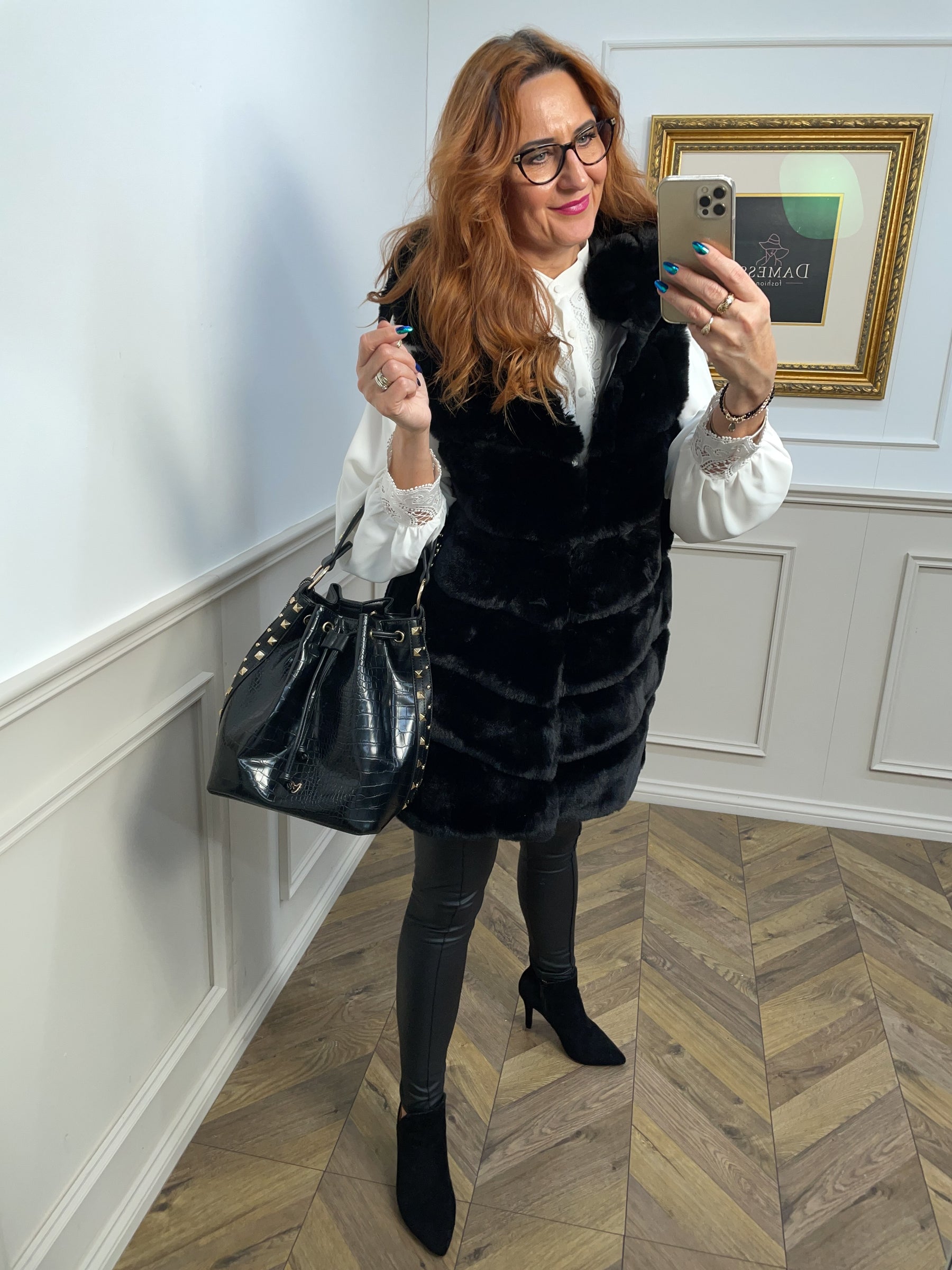 Faux Fur Hooded Longline Gilet Capriosa Black