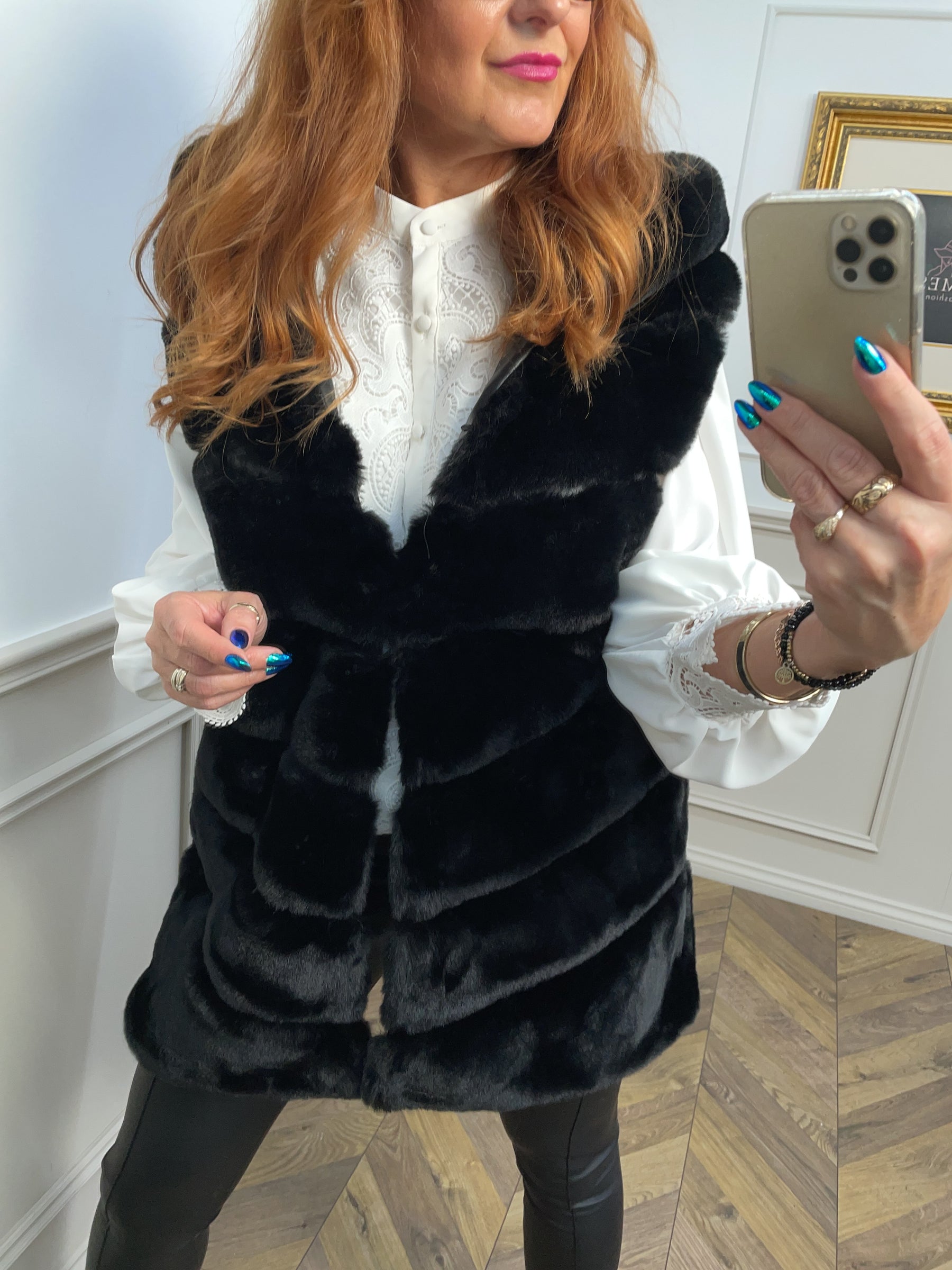 Faux Fur Hooded Longline Gilet Capriosa Black