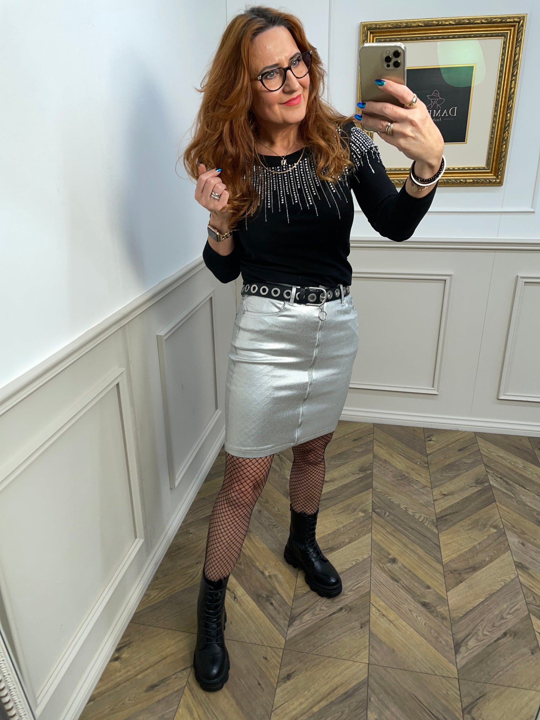 Denim Coated Mini Zipped Skirt Vivianna Silver