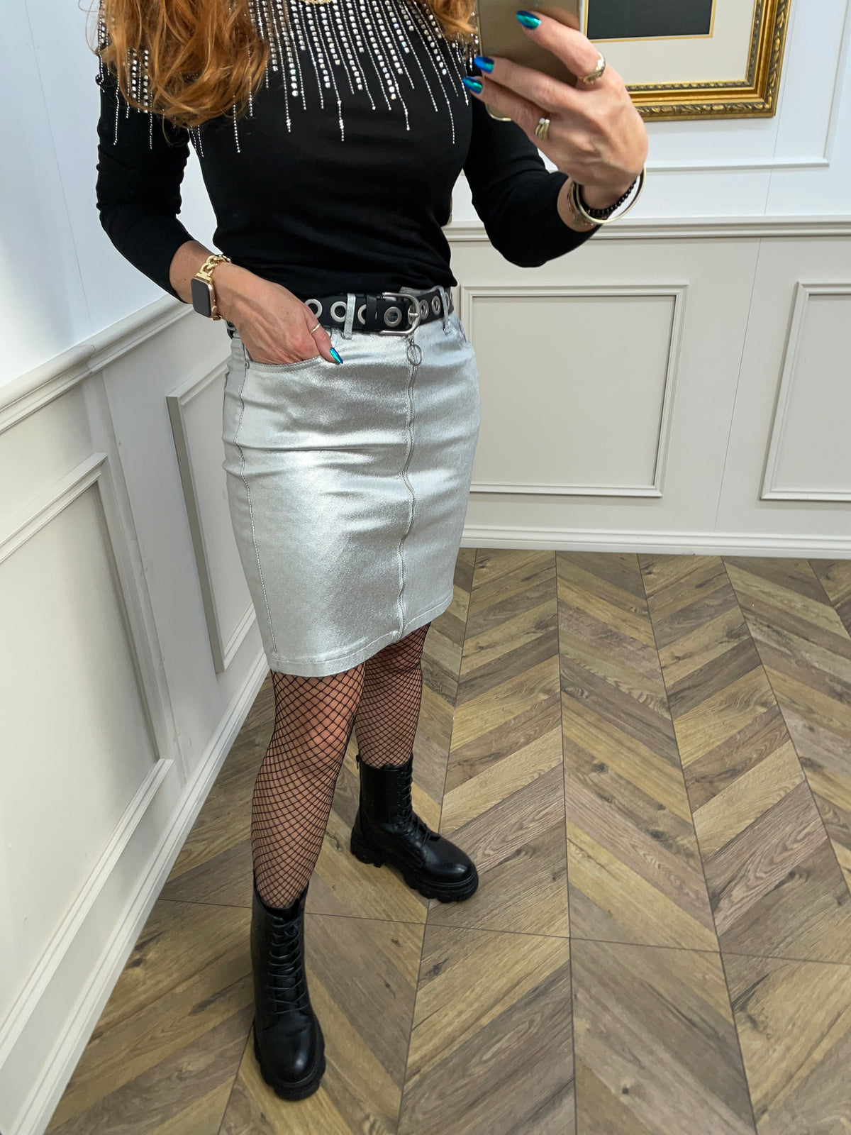 Denim Coated Mini Zipped Skirt Vivianna Silver