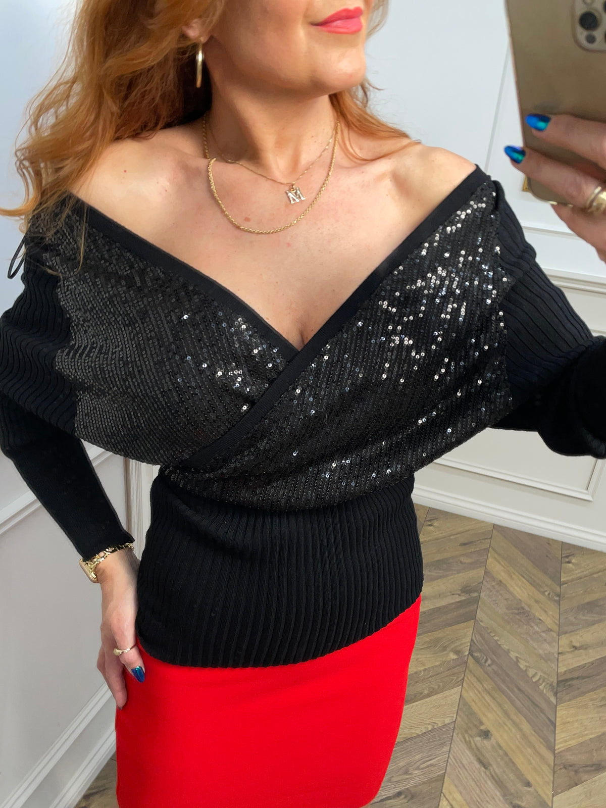 Ribbed Knit Wrap Jumper With Sequins Enzoria Black